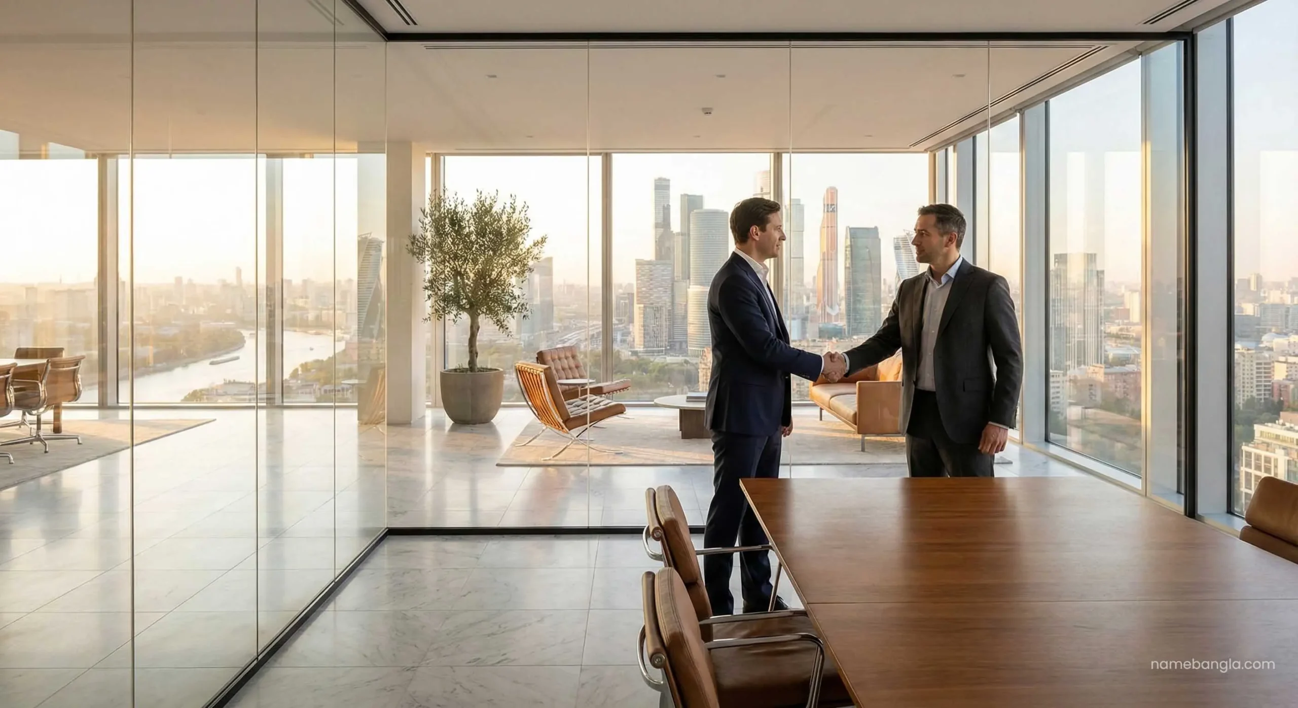 Mortgage approval handshake between banker and foreign investor in Dubai.