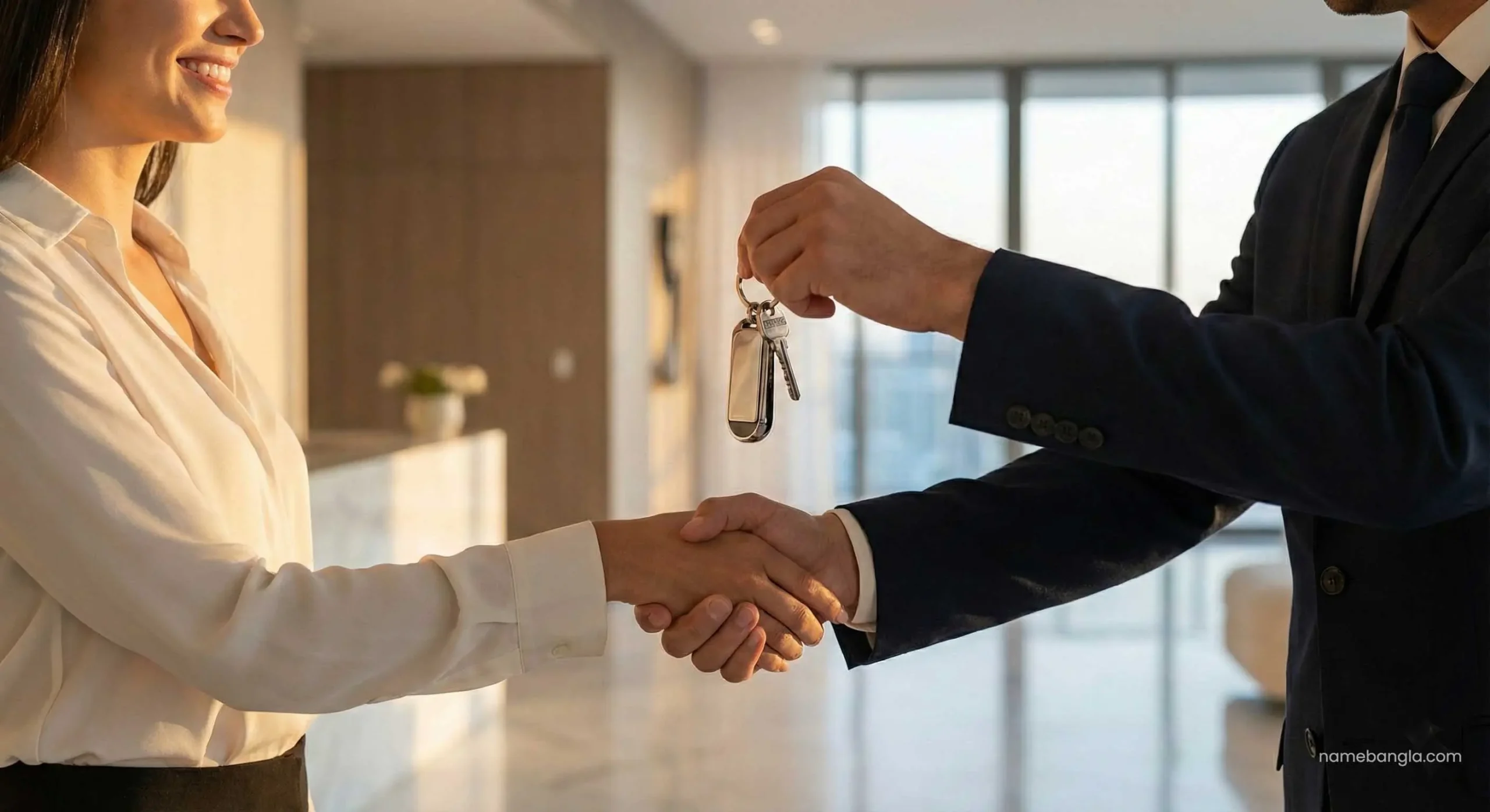 Property manager handing over keys to tenant in Dubai luxury building.