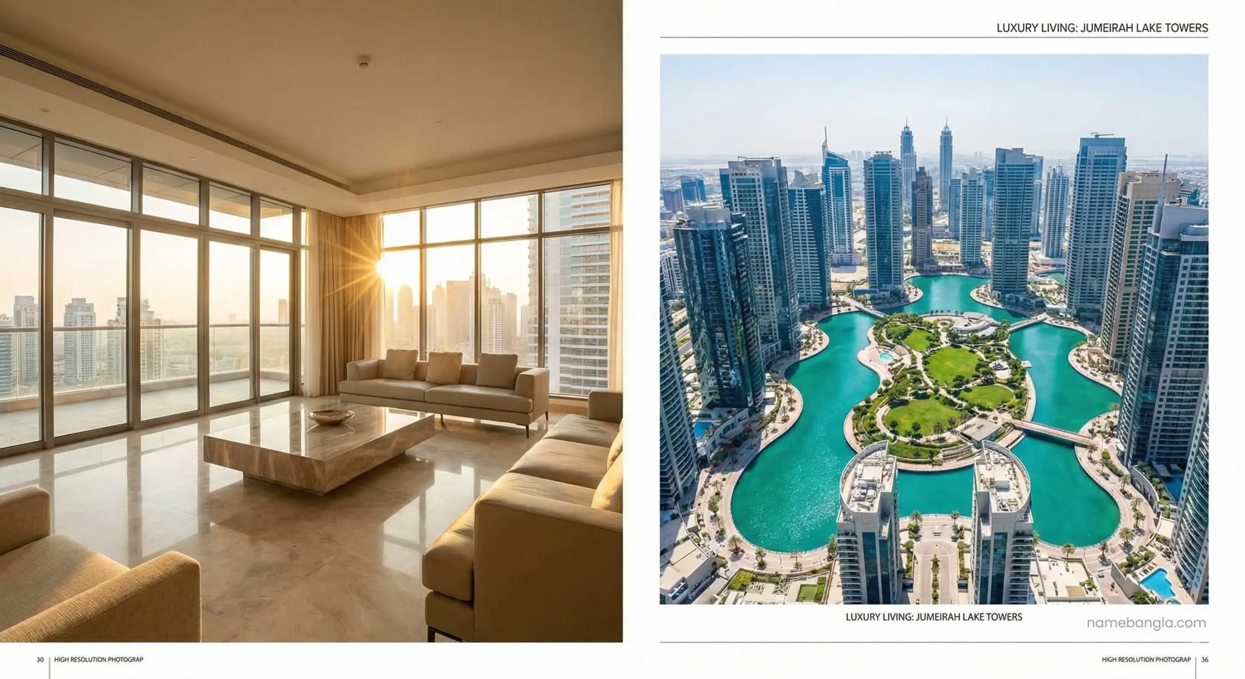 Aerial view of Jumeirah Lake Towers (JLT) apartments and lakes for investment.