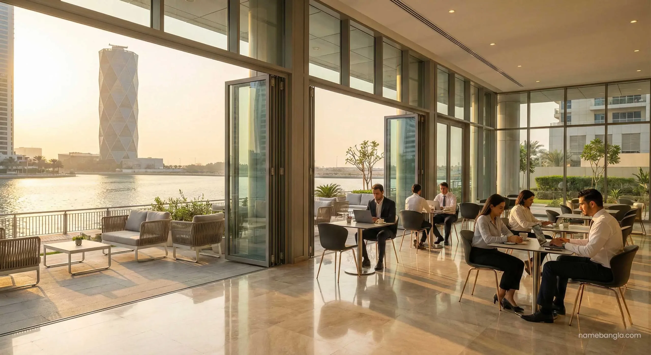 JLT community lifestyle with cafes and Almas Tower view.