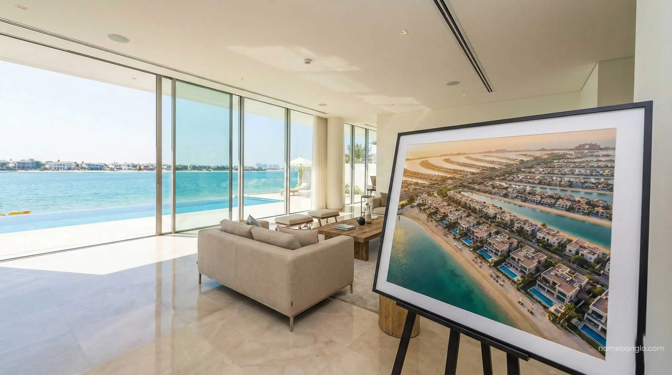 Aerial view of luxury villas on Palm Jumeirah fronds for investment.