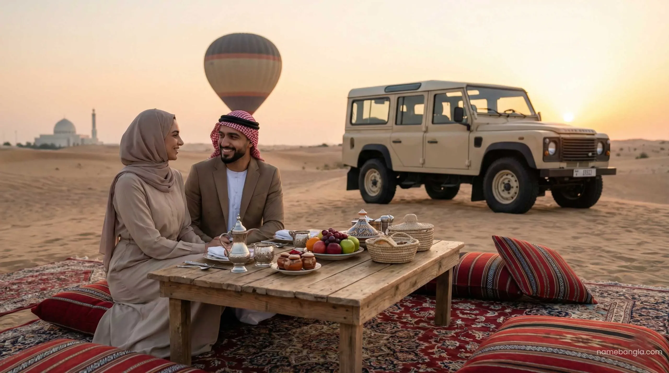 Luxury private desert breakfast after hot air balloon ride Dubai.