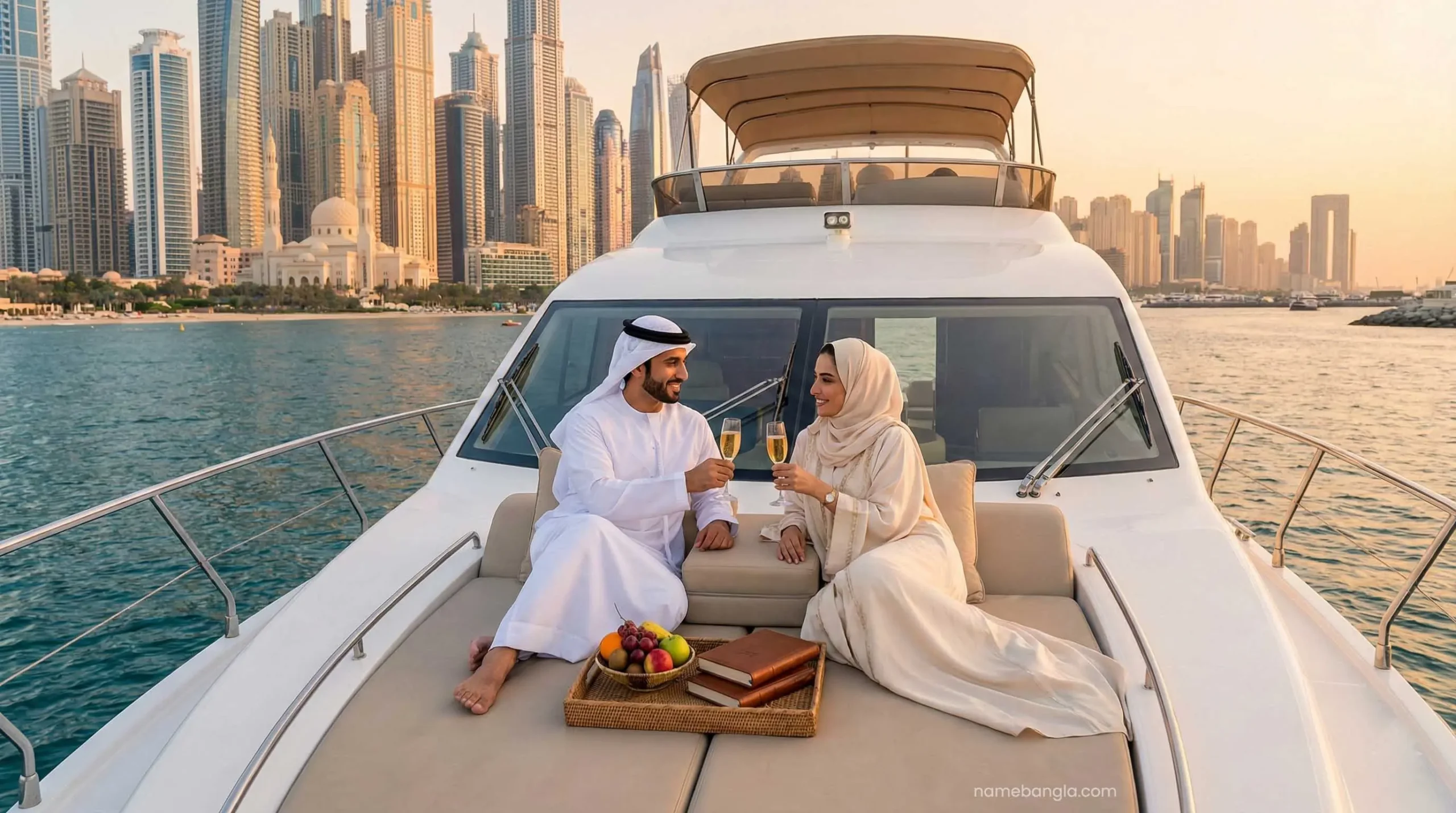Private yacht rental Dubai Marina for couples with skyline view 2026.