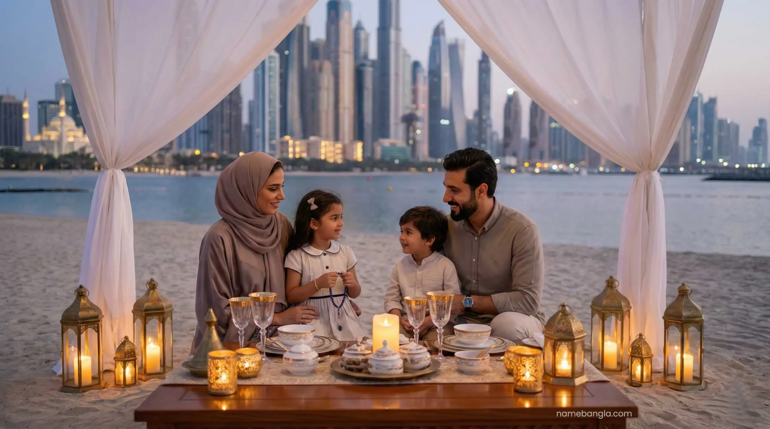 Romantic private beach dinner setup for couples in Dubai 2026.