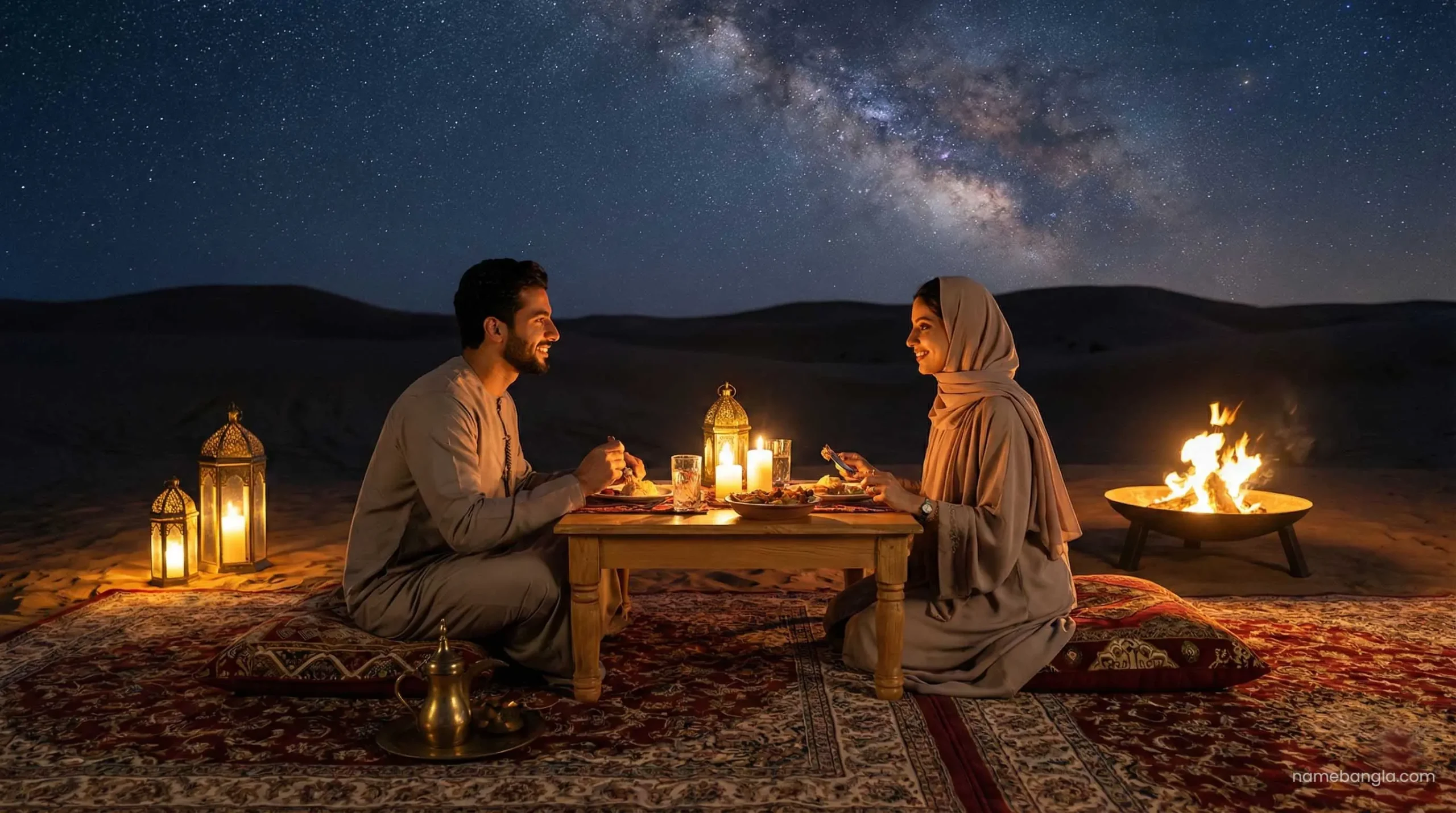 Romantic private desert dinner setup for couples in Dubai.