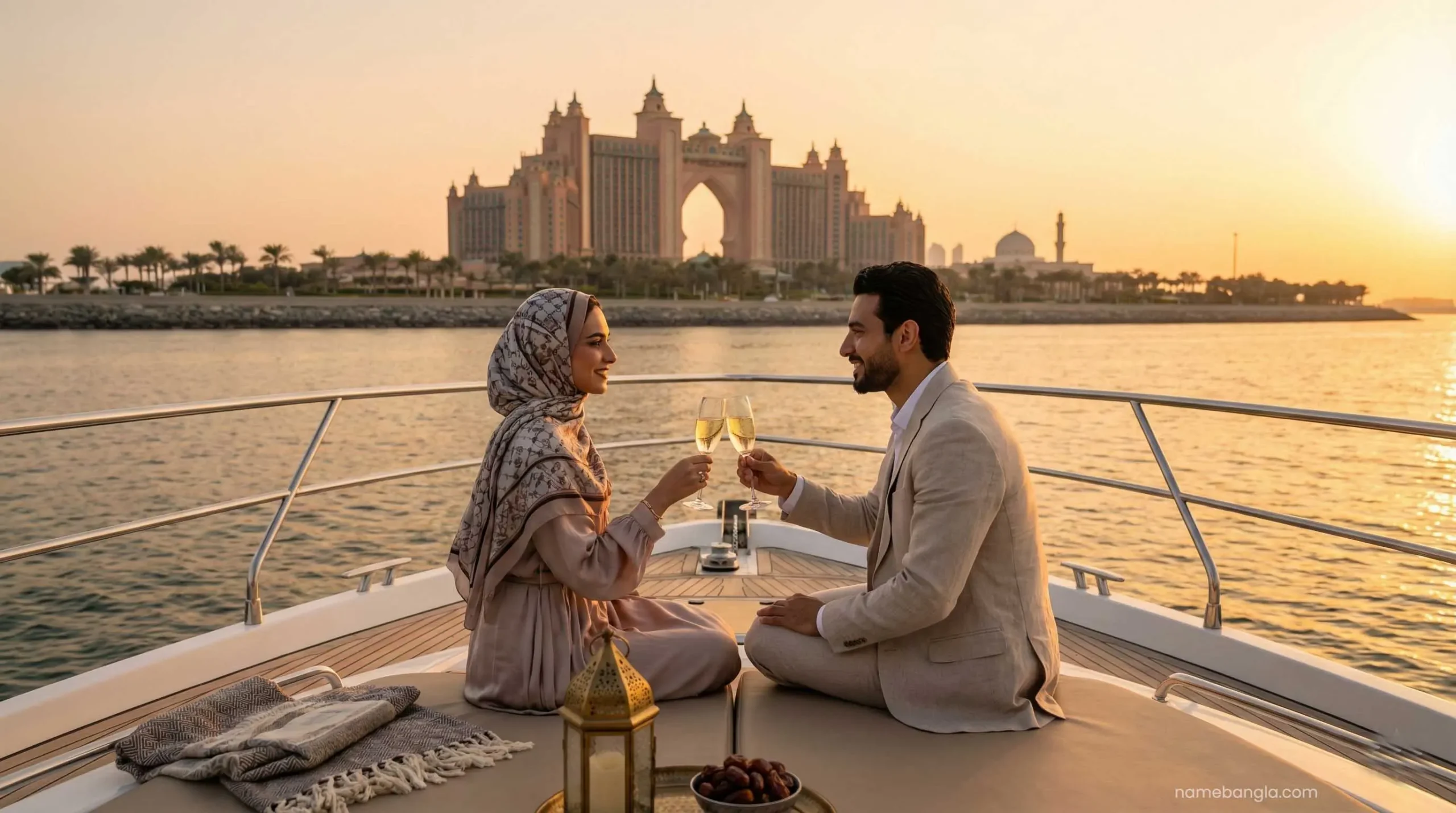 Romantic sunset yacht cruise near Atlantis Dubai for couples.