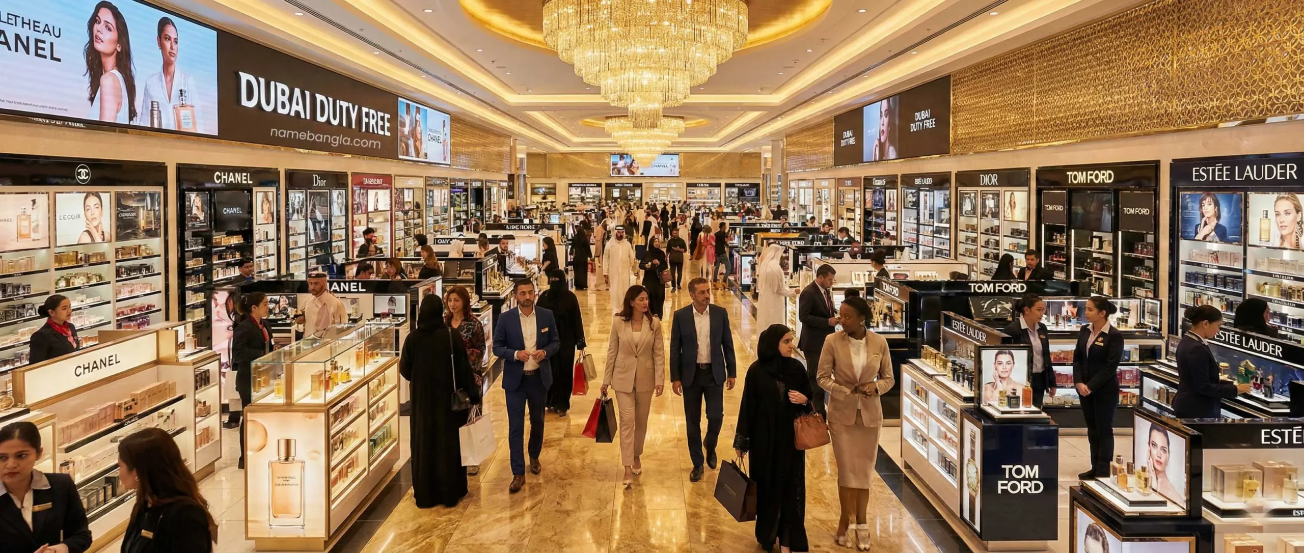 Dubai Duty Free perfume and cosmetics shopping area.