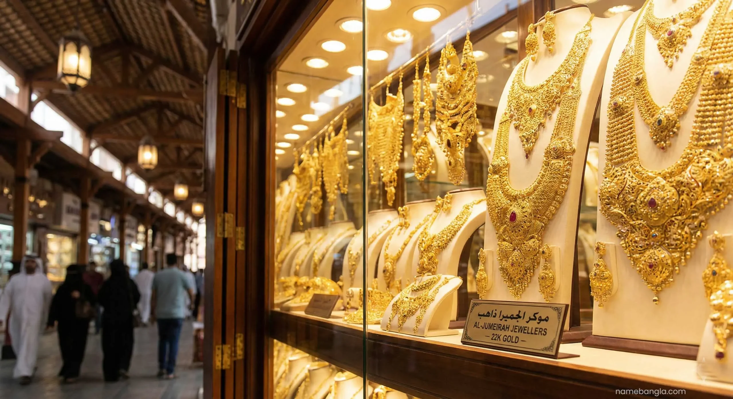 Dubai Gold Souk shop window display with 22K gold jewelry.