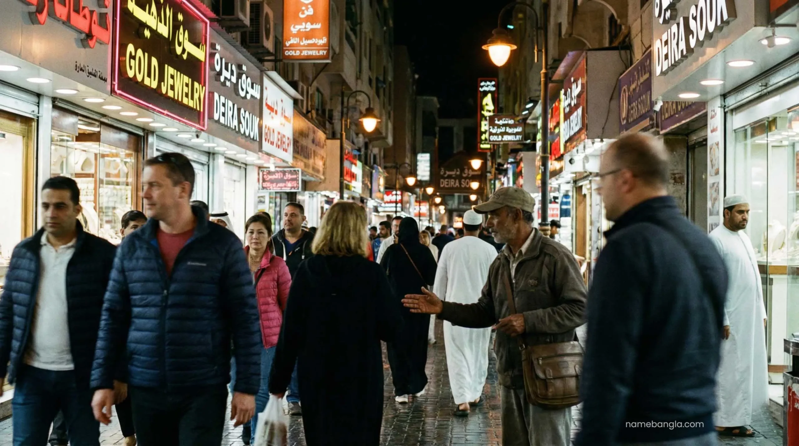 Street hawkers in Deira Gold Souk Dubai warning for tourists.