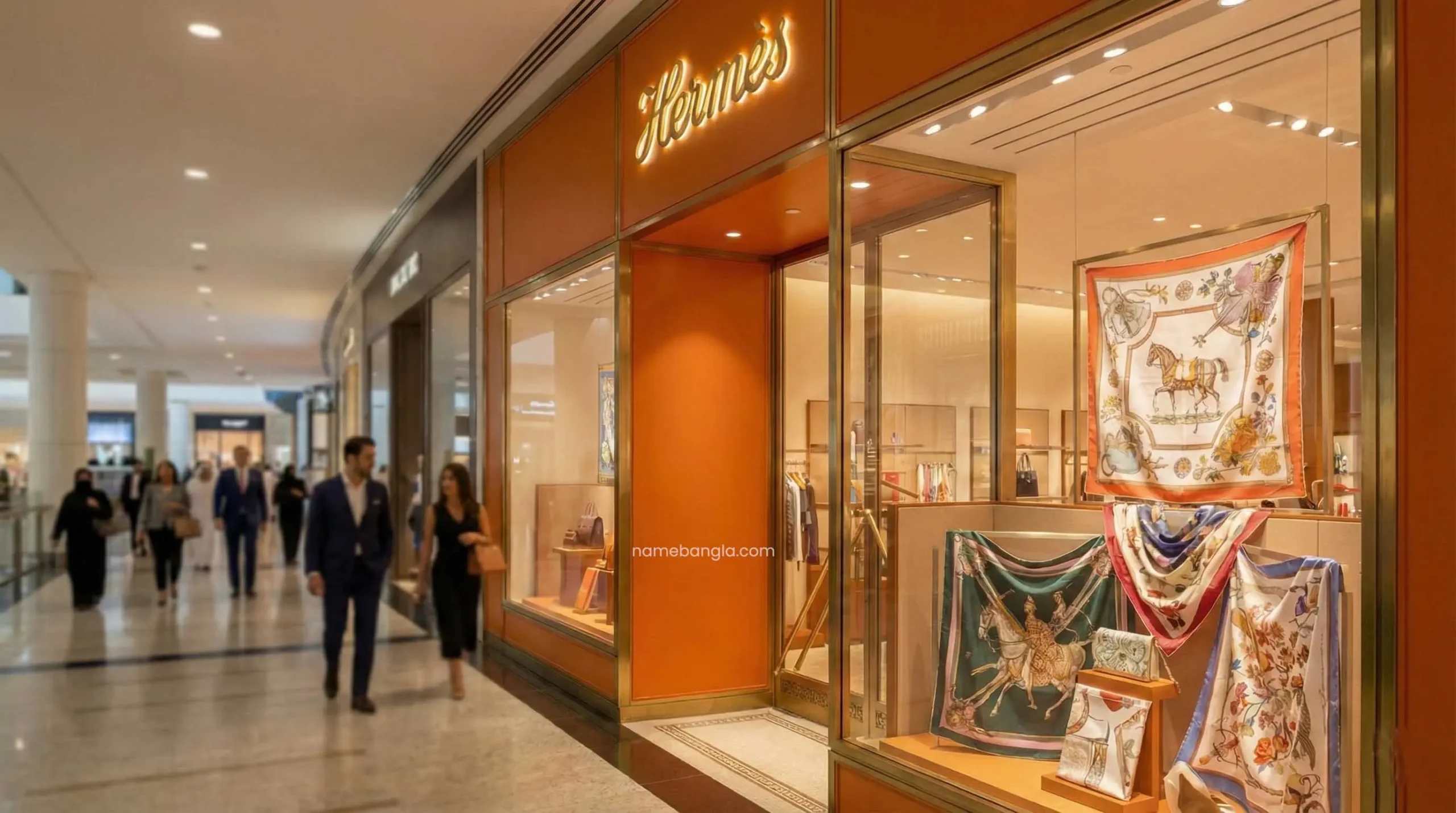 Hermès boutique entrance in Dubai Mall luxury shopping.