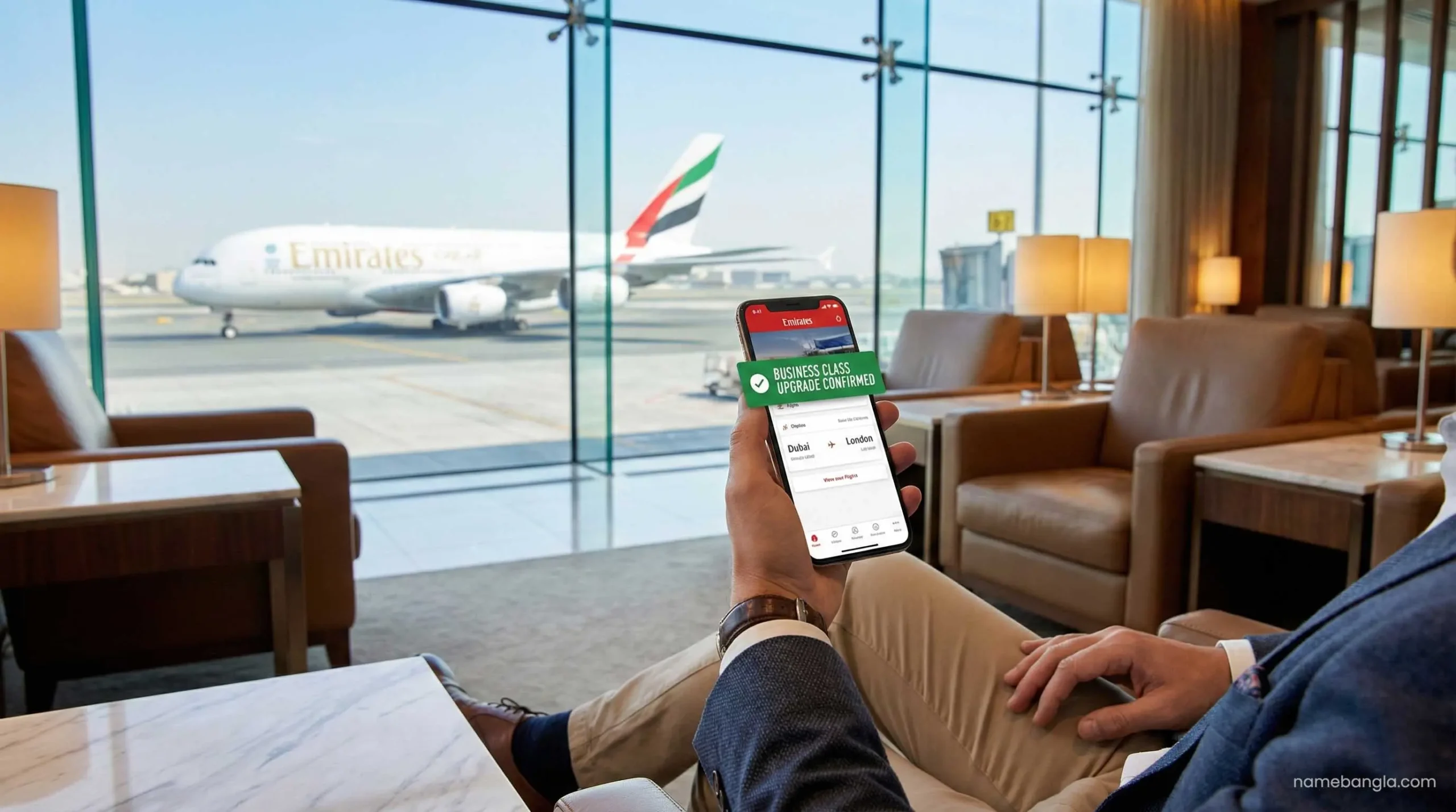Traveler confirming an Emirates Business Class upgrade using a smartphone app in Dubai.