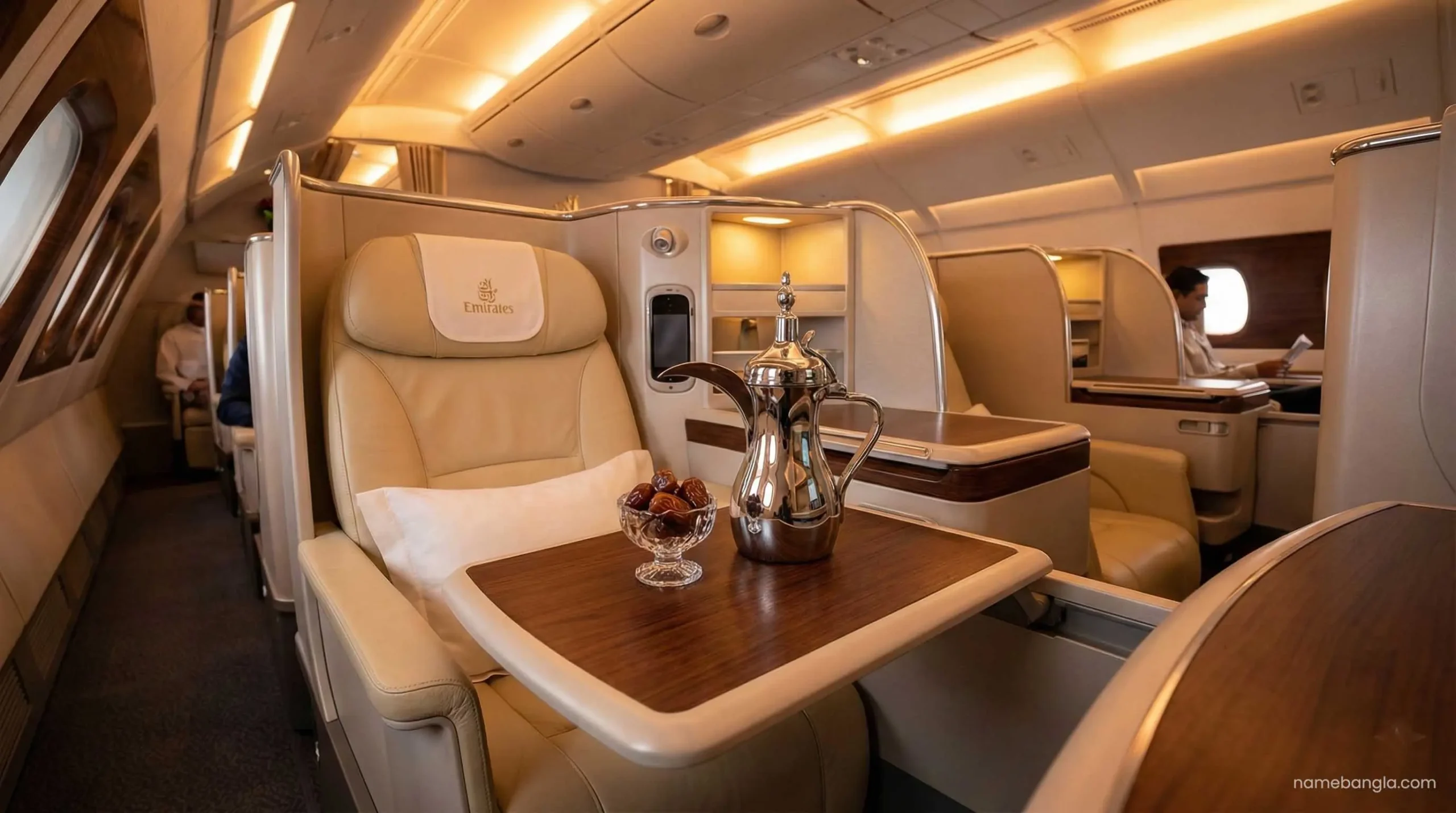 Emirates A380 Business Class cabin with Arabic coffee for Ramadan promo 2026.
