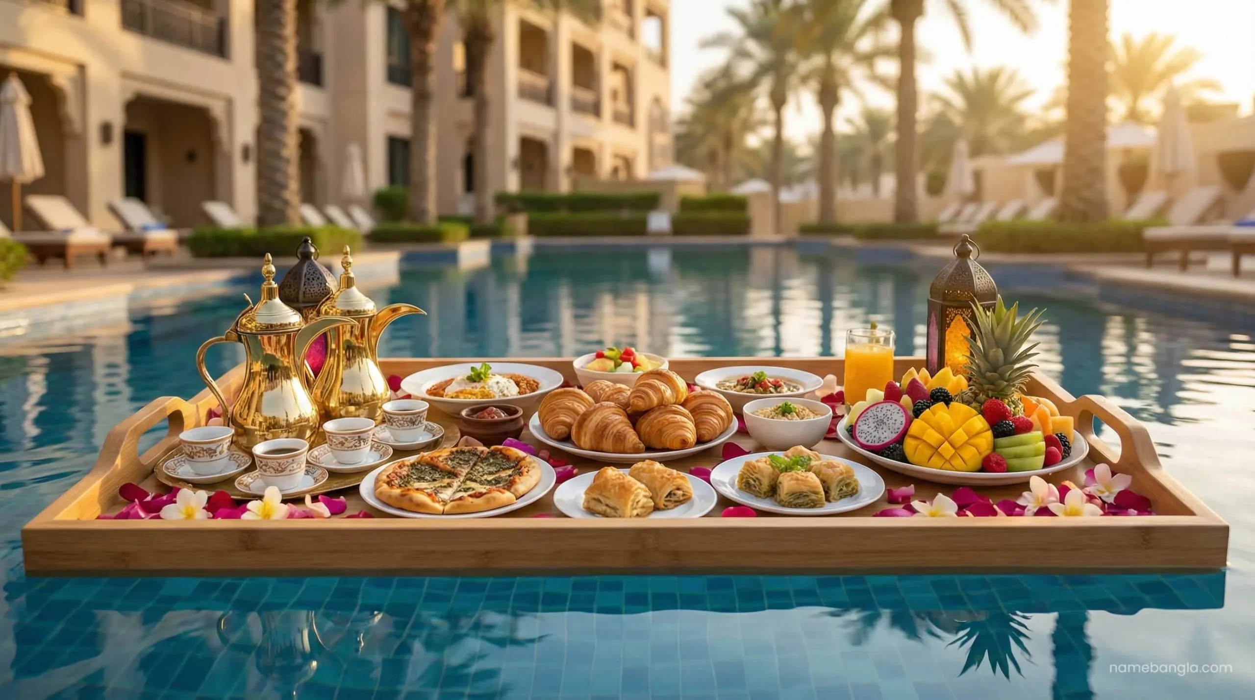 Floating breakfast in a private pool at a Dubai luxury resort during Eid.