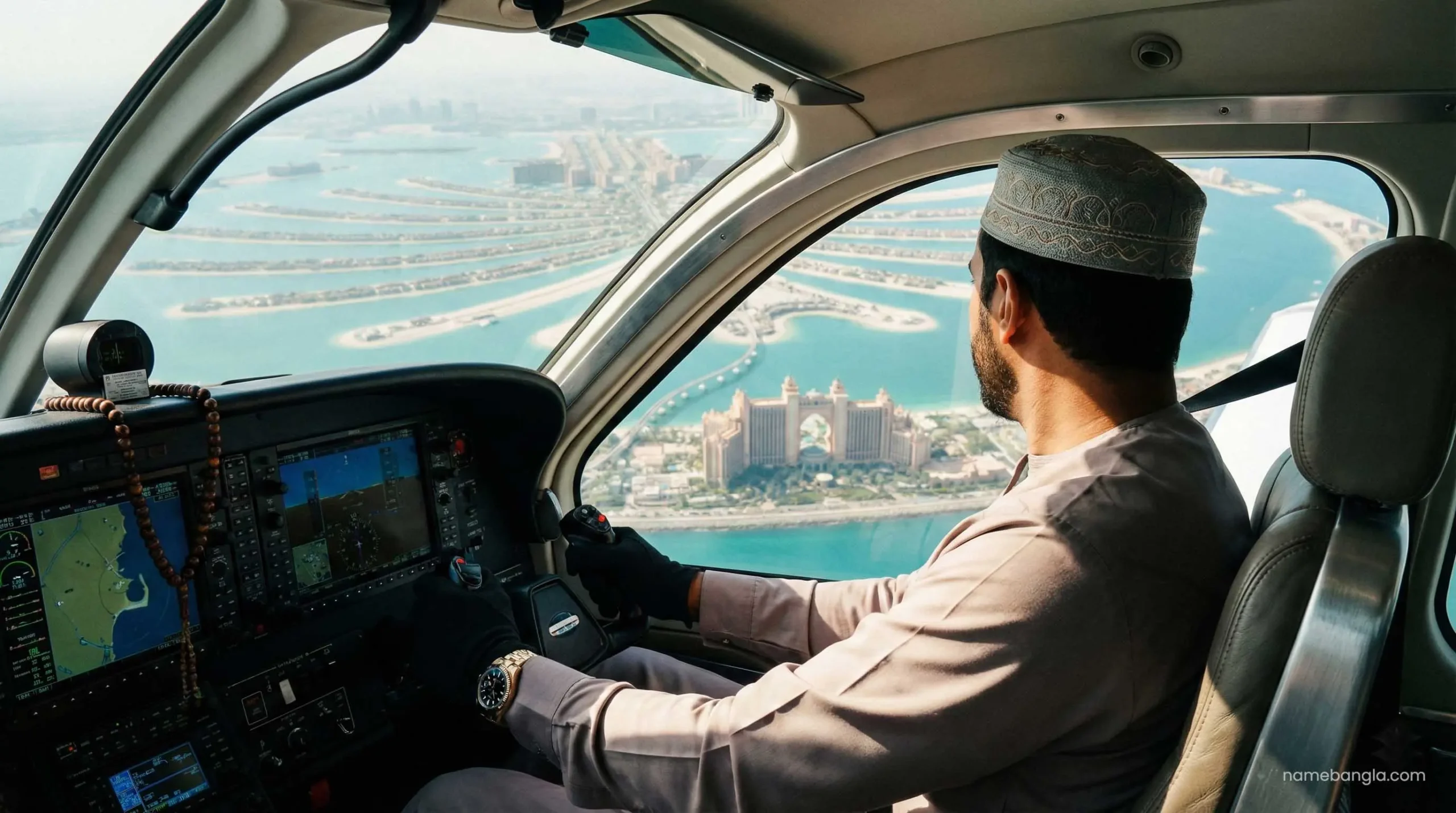 Aerial view of Palm Jumeirah from helicopter cockpit Dubai.