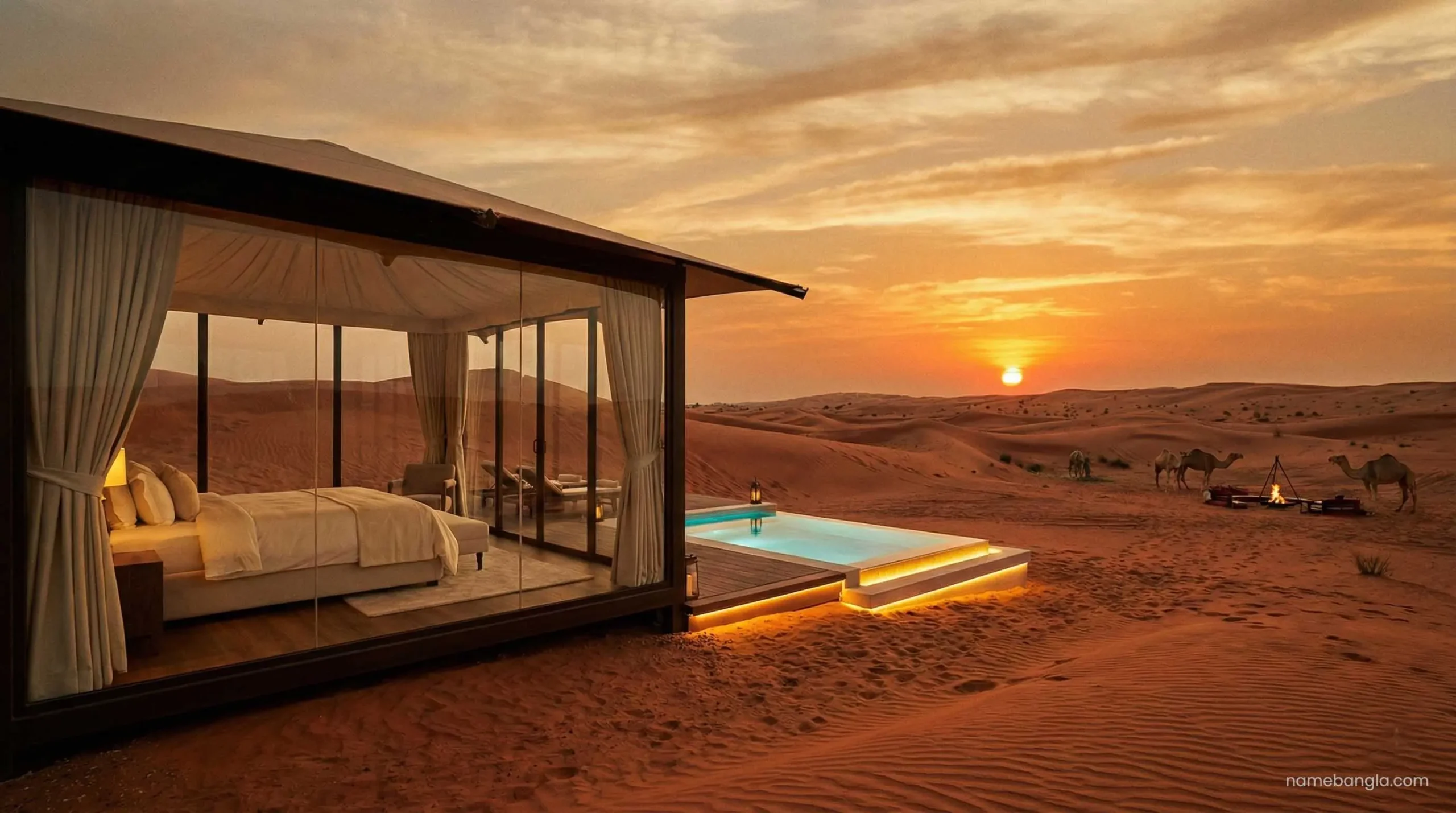 Luxury desert glamping tent with private pool in the UAE for Eid weekend.