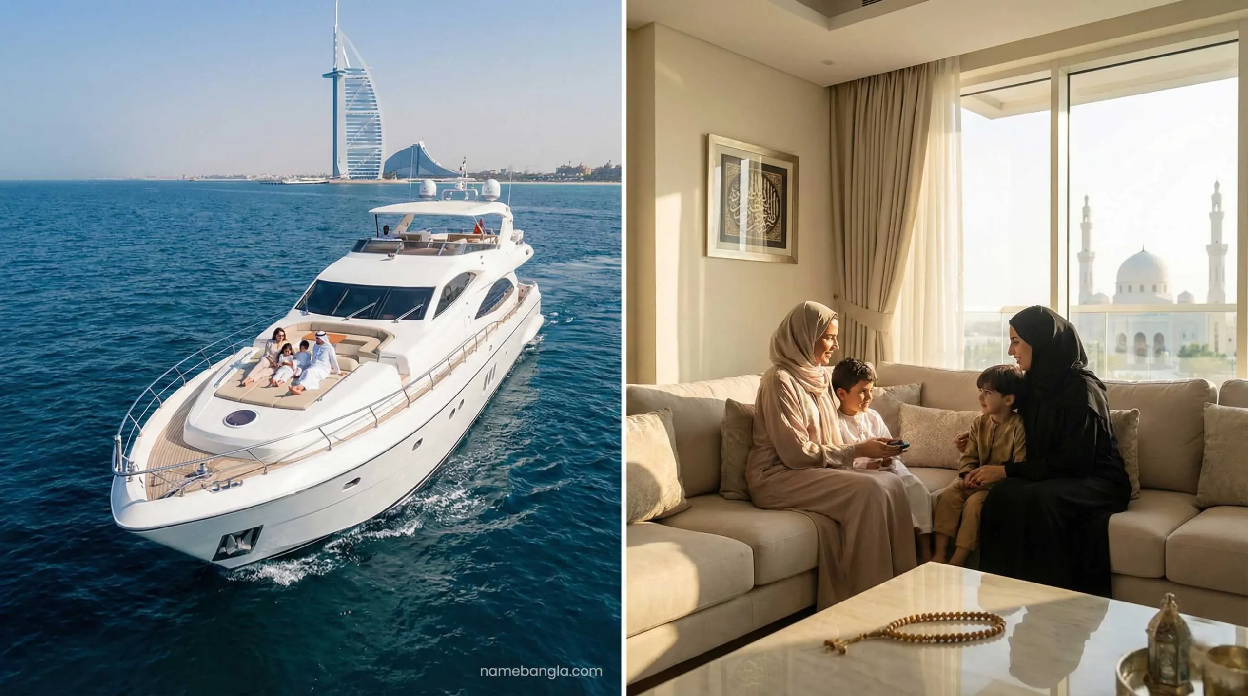 Luxury 100ft yacht charter cruising near Burj Al Arab Dubai.