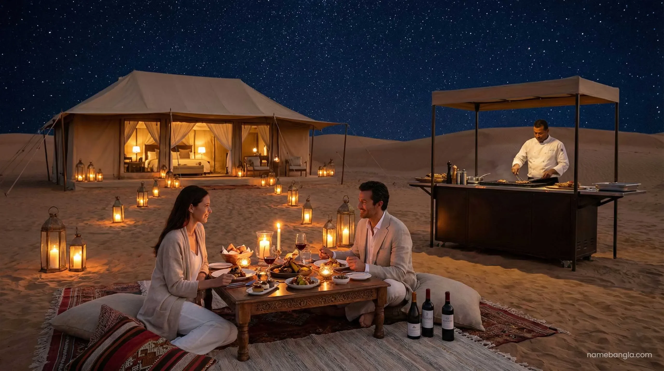 Private romantic dinner at a luxury glamping desert resort in the UAE.