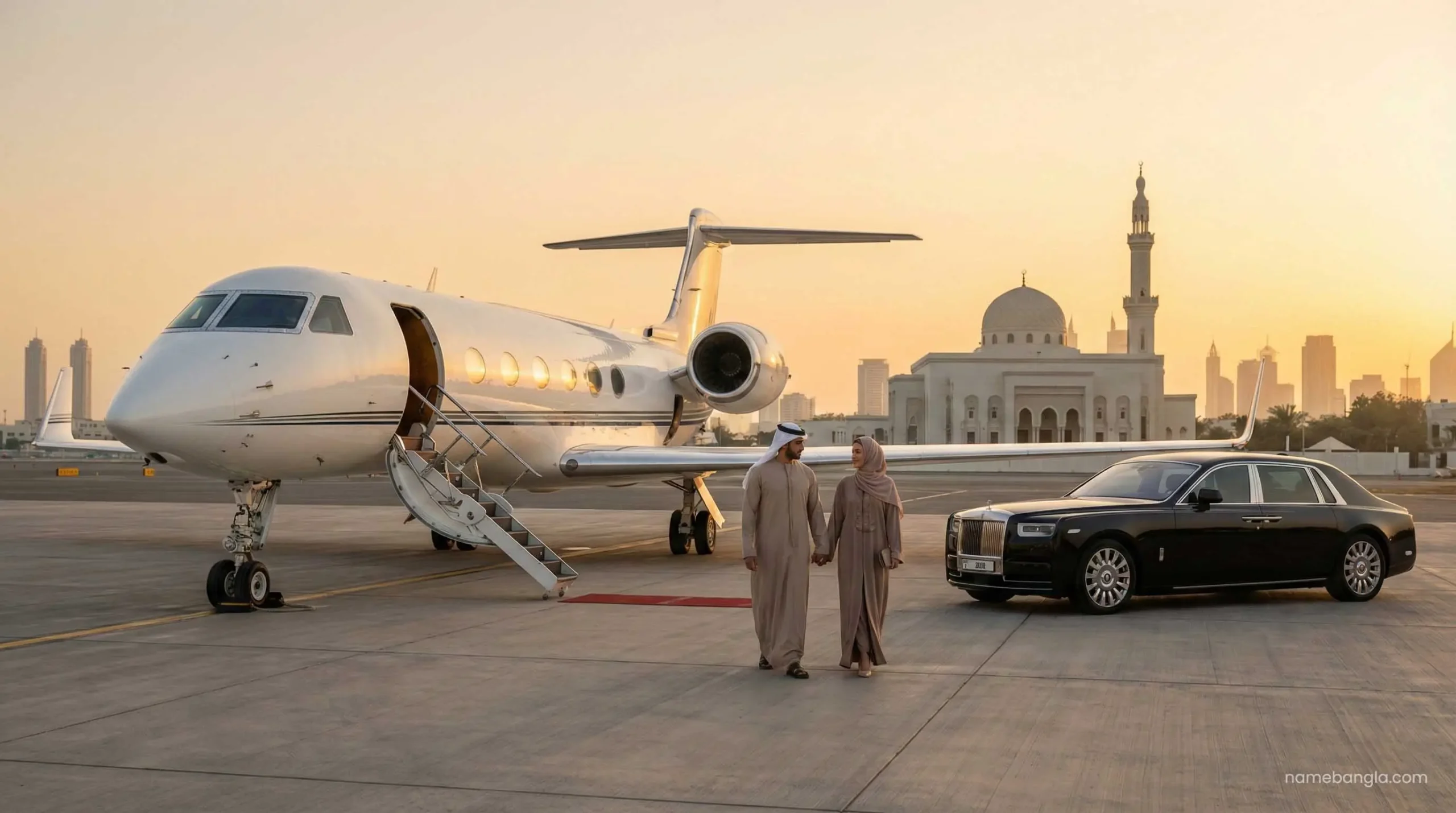 Boarding private jet at Dubai Al Maktoum VIP terminal.