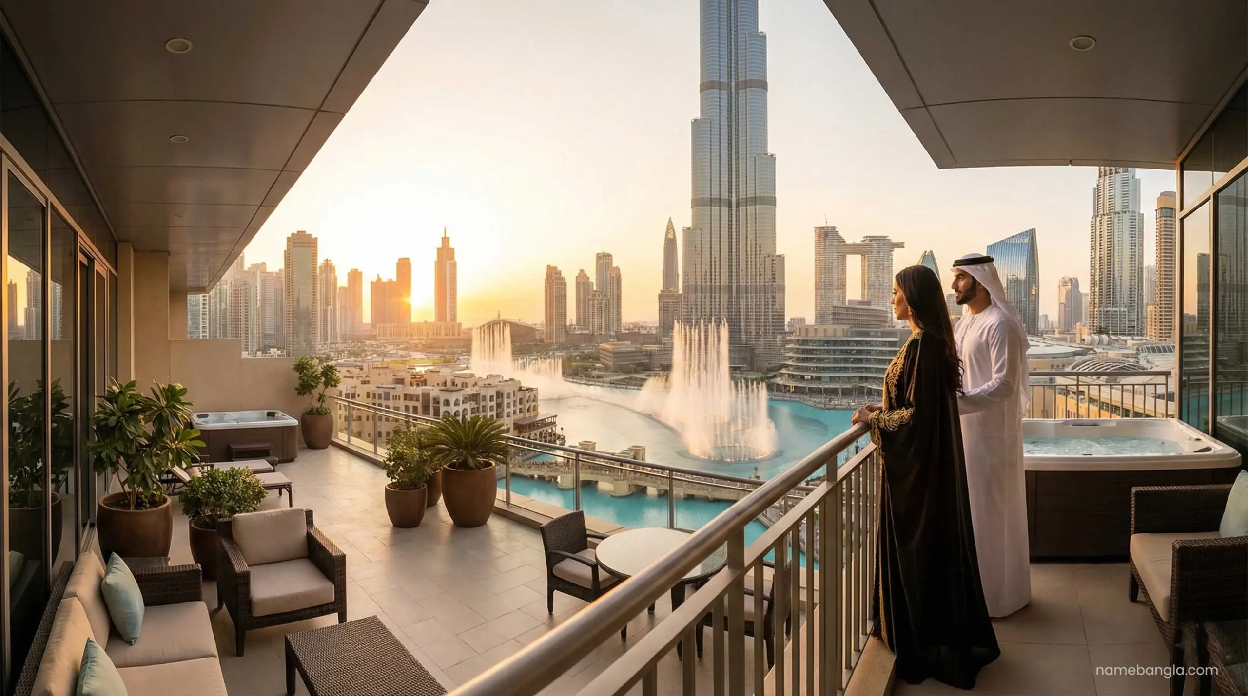 Saudi GCC residents enjoying a VIP luxury hotel suite with Burj Khalifa view in Dubai.