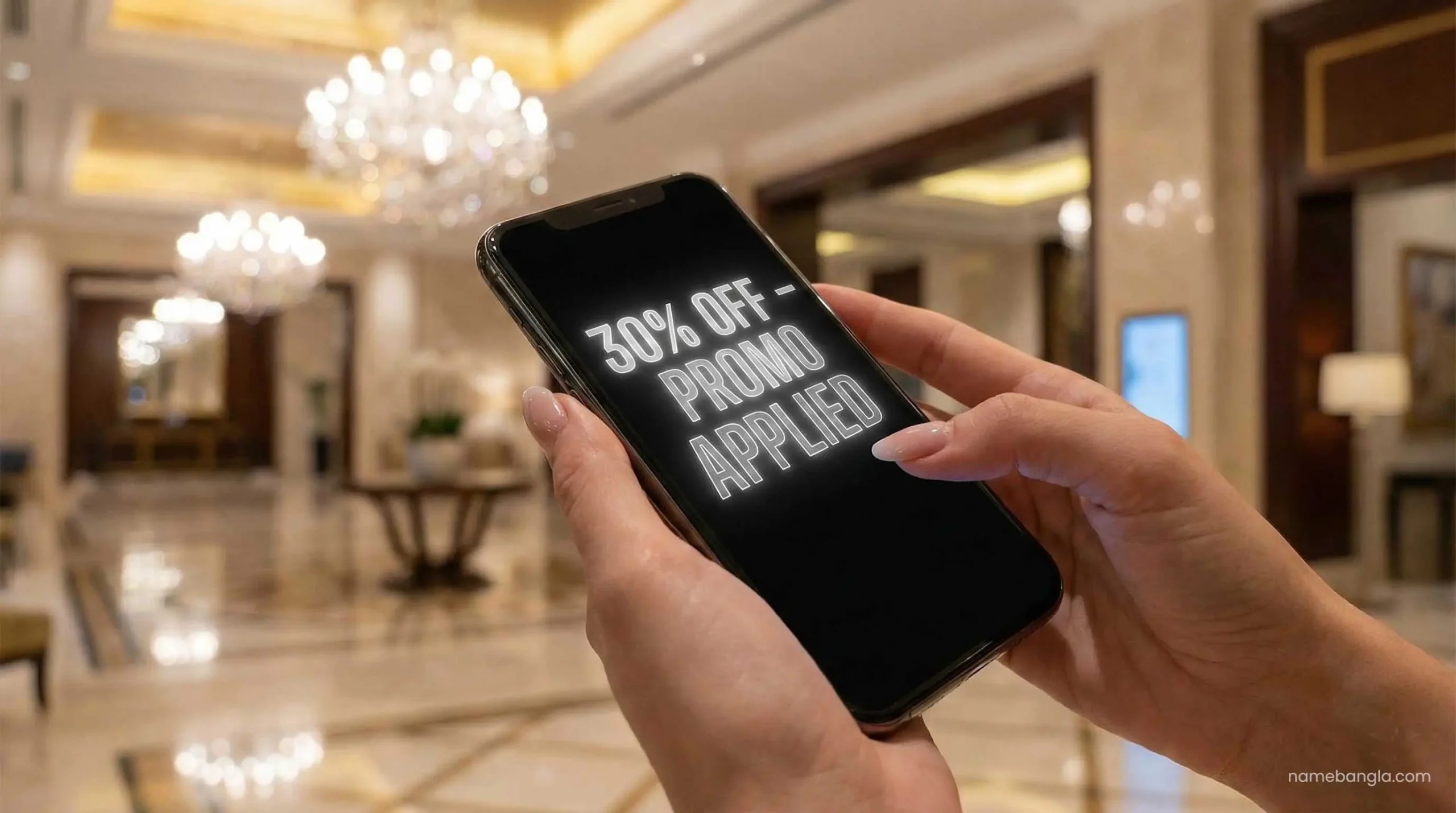 Smart traveler using a mobile app for 30 percent discount on Dubai luxury hotels 2026.