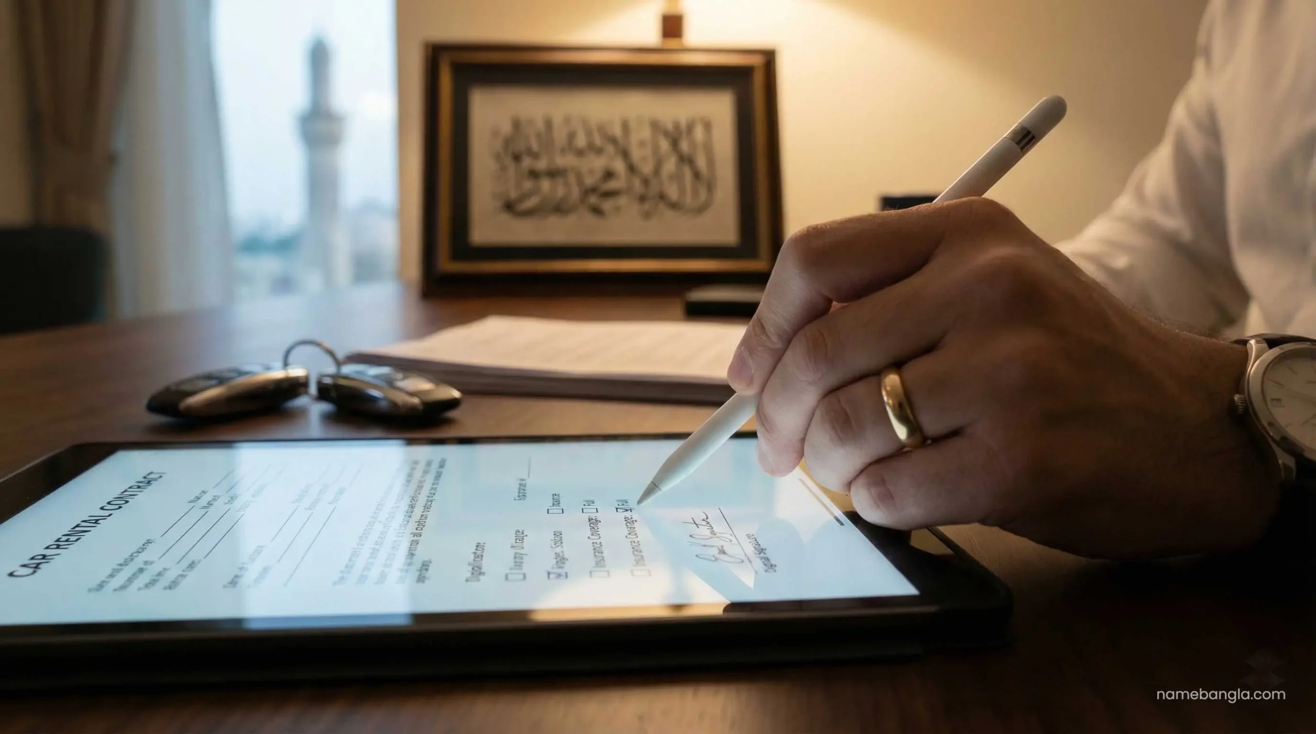 Signing full coverage car insurance for rental in Dubai.