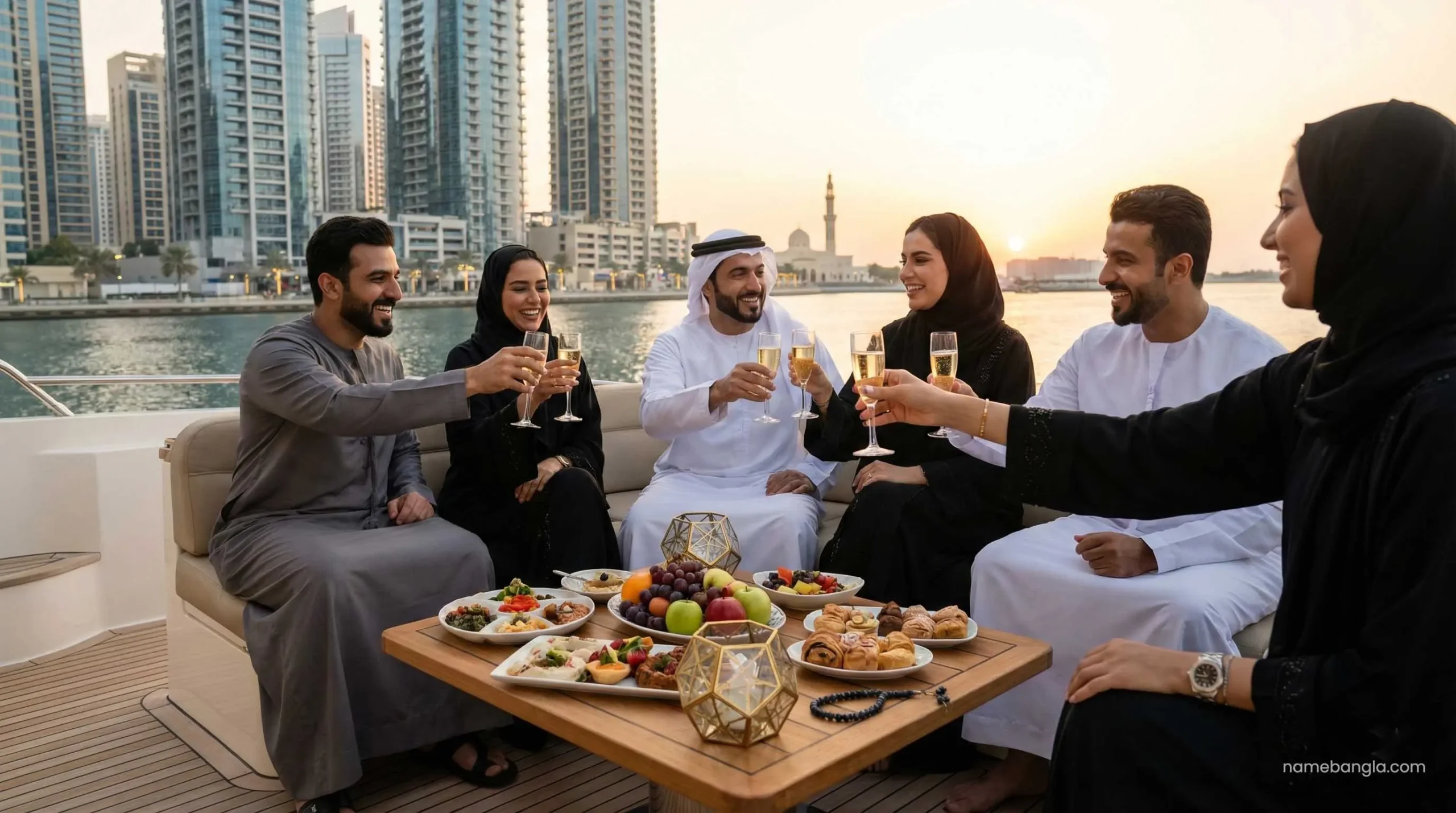 Sunset yacht party Dubai Marina with food and drinks.
