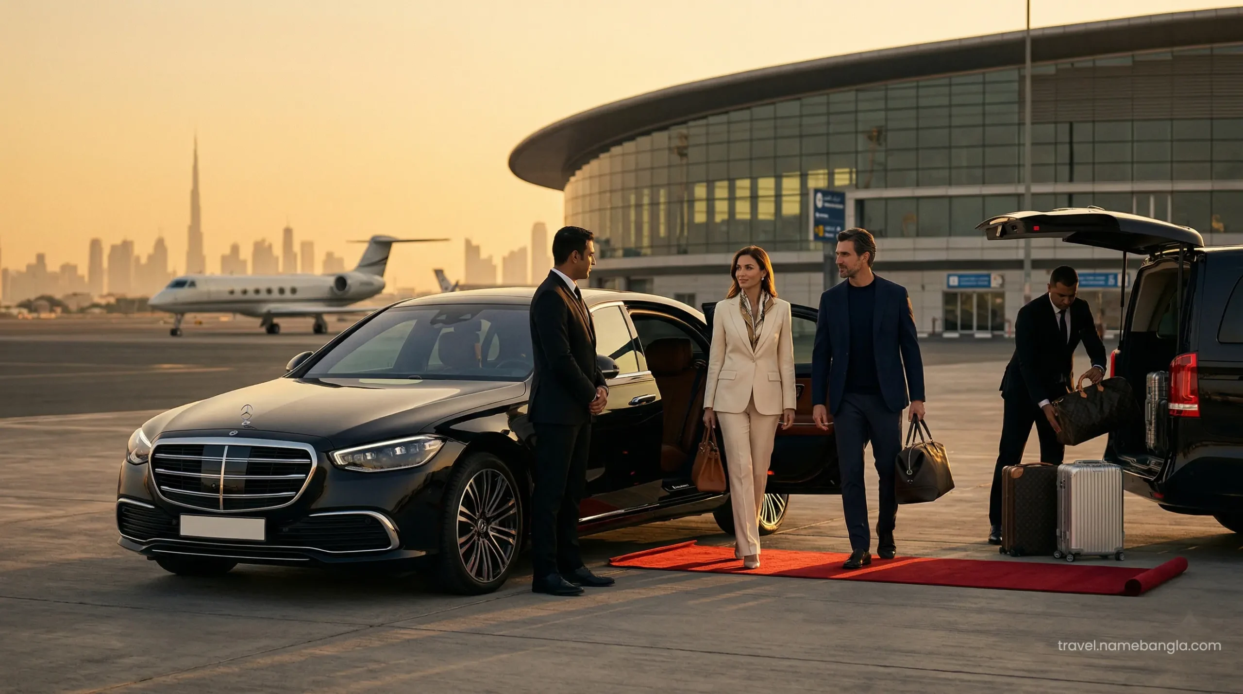 A premium black car VIP airport transfer service in Dubai representing Agoda VIP platinum flight packages.