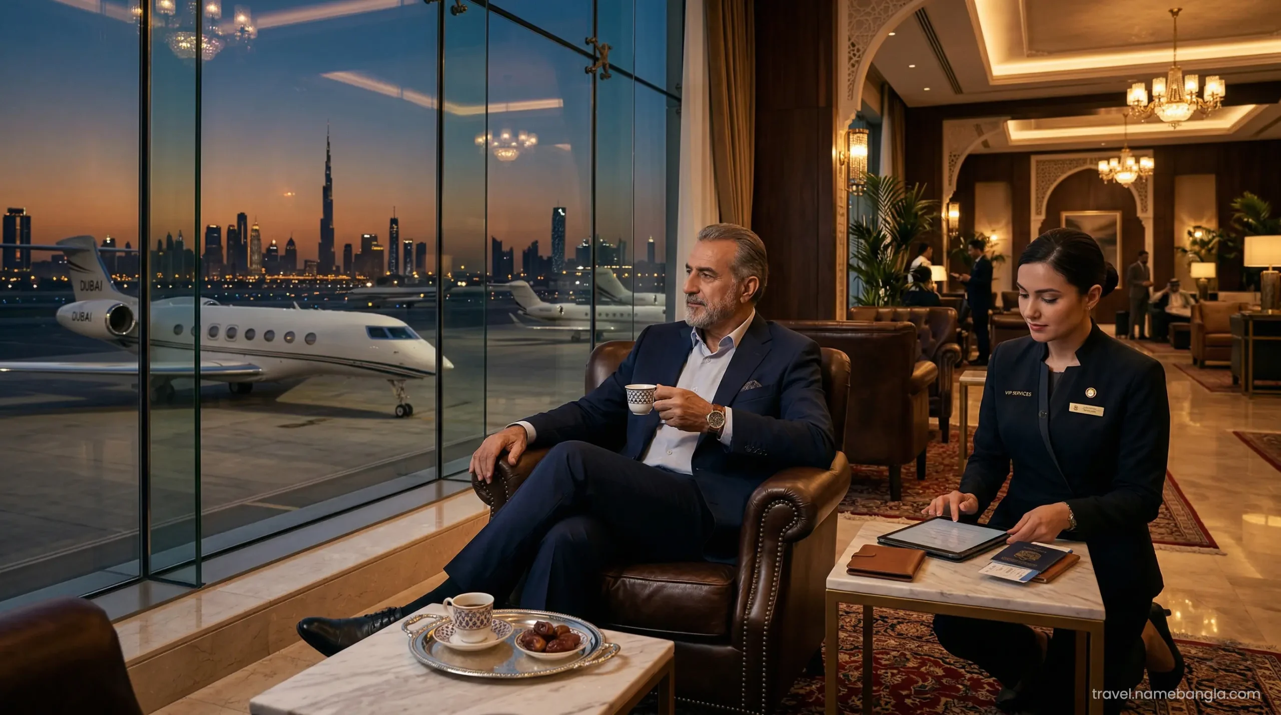 Elite international investors relaxing in the exclusive Al Majlis VIP private terminal lounge at Dubai International Airport.