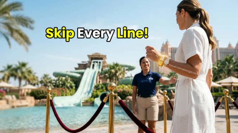 A high-net-worth individual bypassing the crowds using an exclusive Aquaventure Fast-Track VIP wristband at Atlantis Dubai.