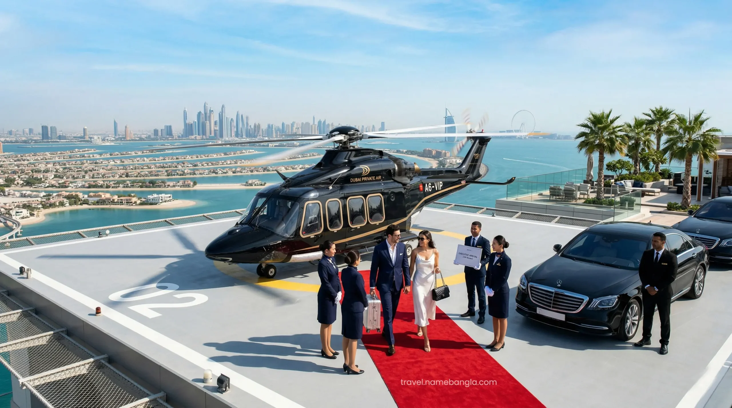 A luxury private helicopter landing on the exclusive helipad at Atlantis The Palm Dubai for a high-net-worth guest arrival.
