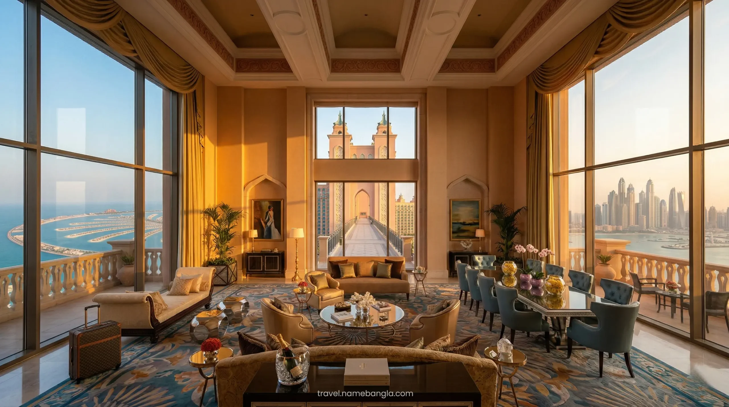 Inside the magnificent $40,000 Royal Bridge Suite at Atlantis The Palm showcasing luxury Dubai real estate.