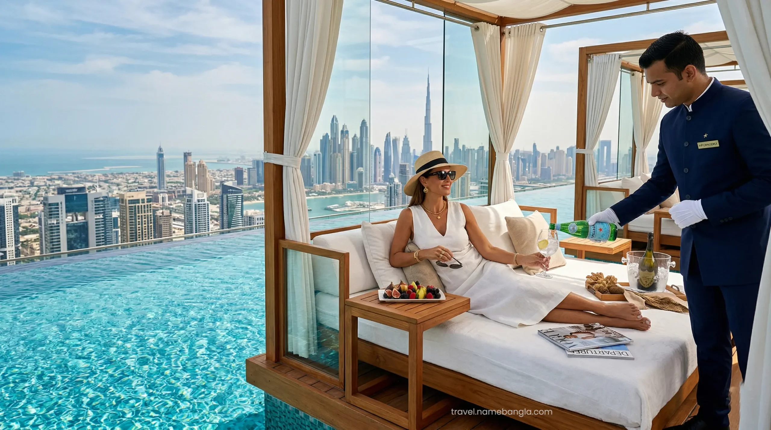 High-net-worth individuals enjoying exclusive VIP concierge services at the Cloud 22 infinity pool in Dubai.