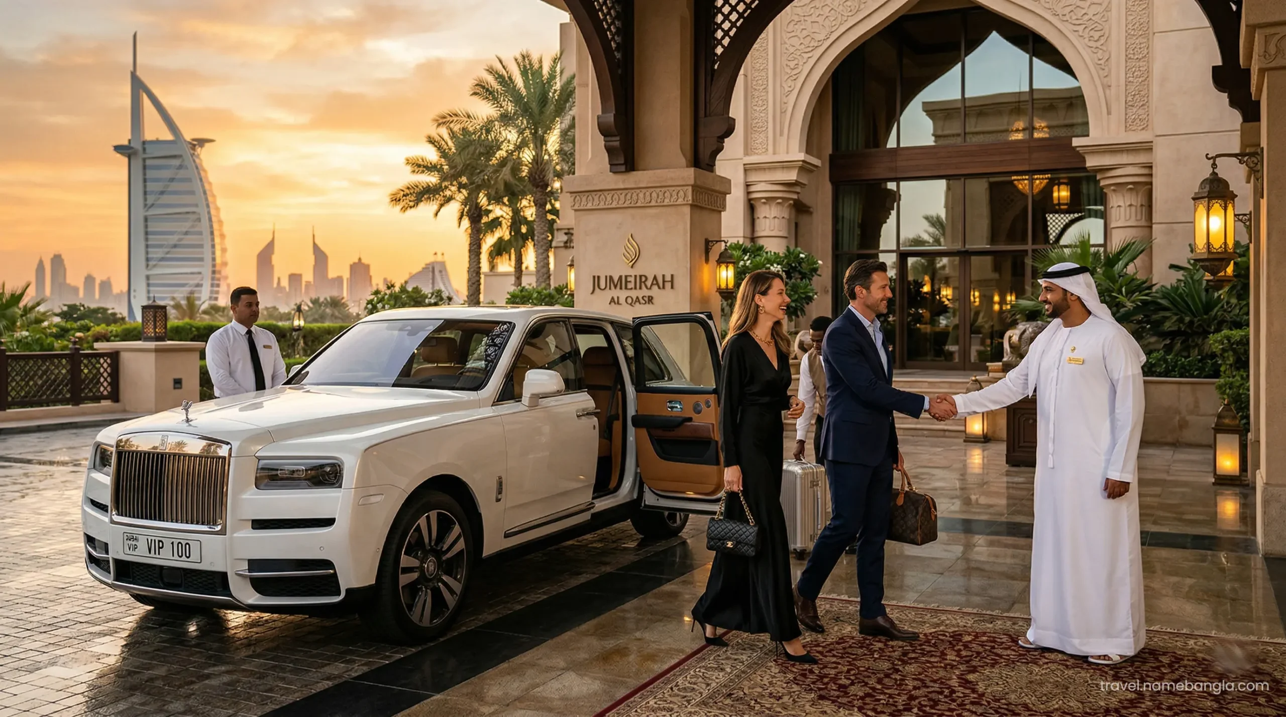 High-net-worth individuals arriving at Atlantis The Palm via a premium private transfer for their VIP waterpark daycation.