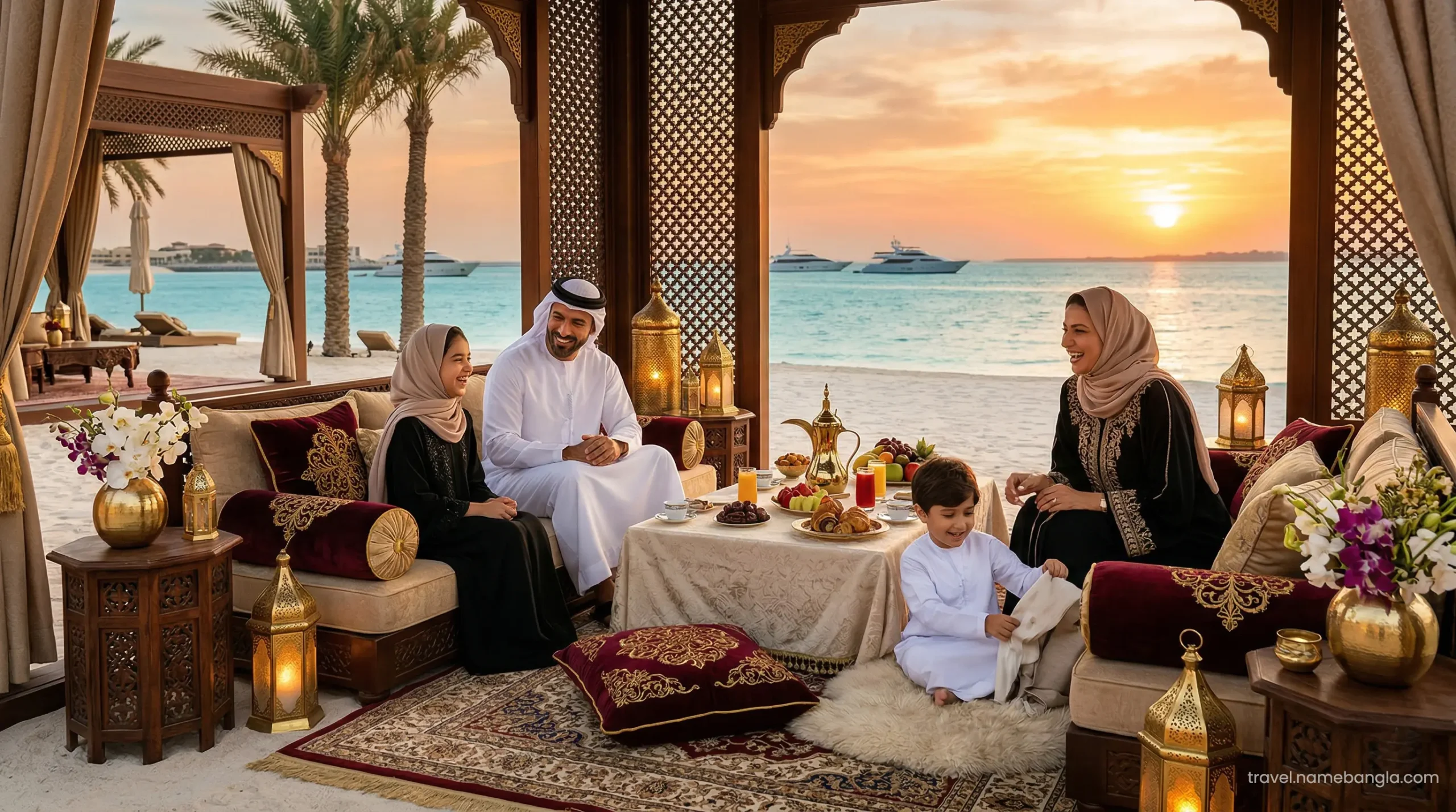 A distinguished Gulf family enjoying an exclusive GCC resident luxury day pass at a premium Dubai beach resort.