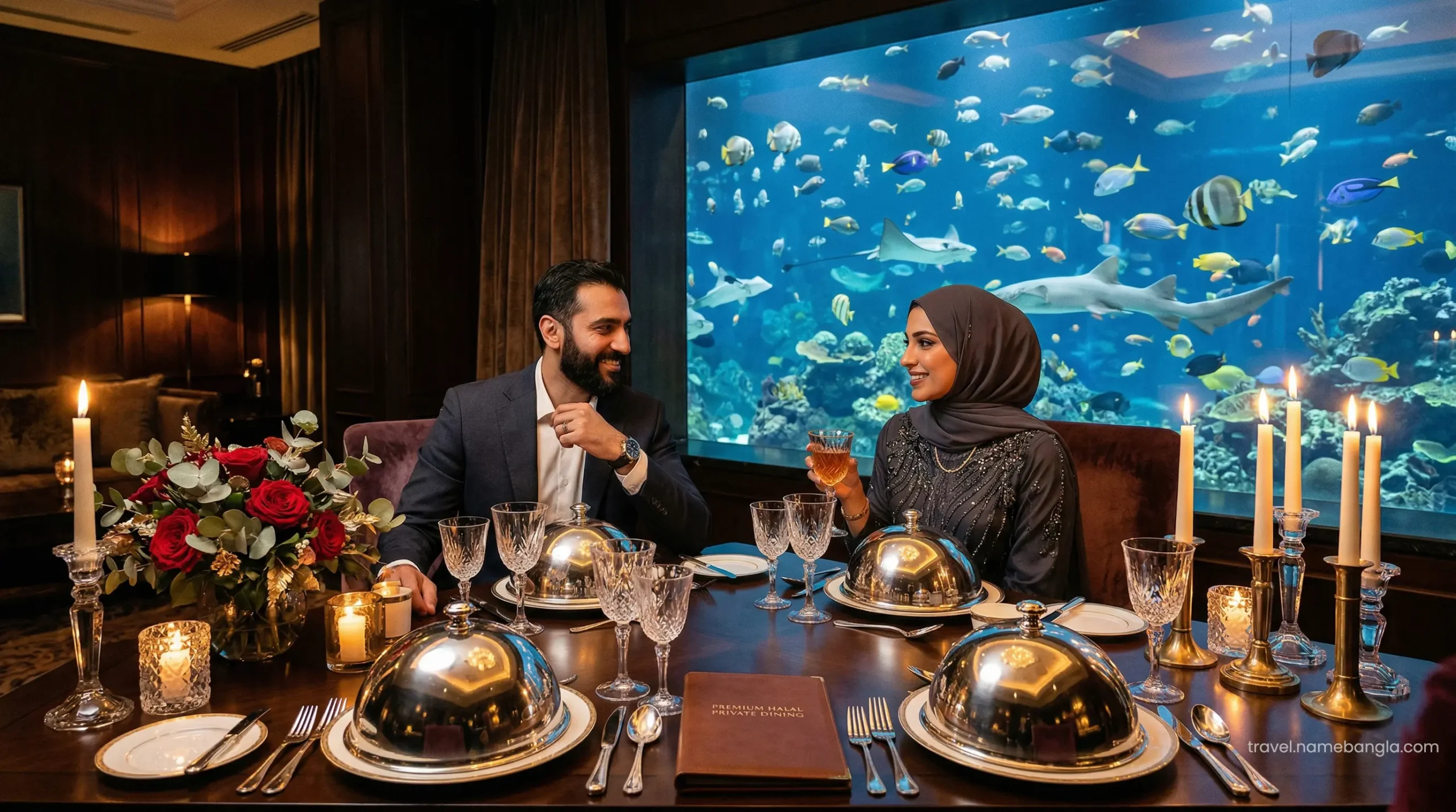 A lavish Halal private dining setup inside the Underwater Suite at Atlantis The Palm Dubai.