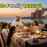A high-net-worth Gulf family enjoying a lavish, premium Halal dining experience at Atlantis The Palm Dubai.