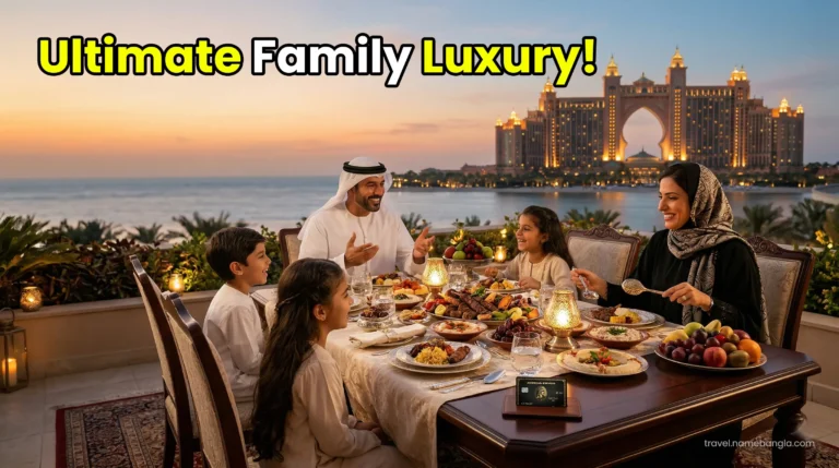 A high-net-worth Gulf family enjoying a lavish, premium Halal dining experience at Atlantis The Palm Dubai.