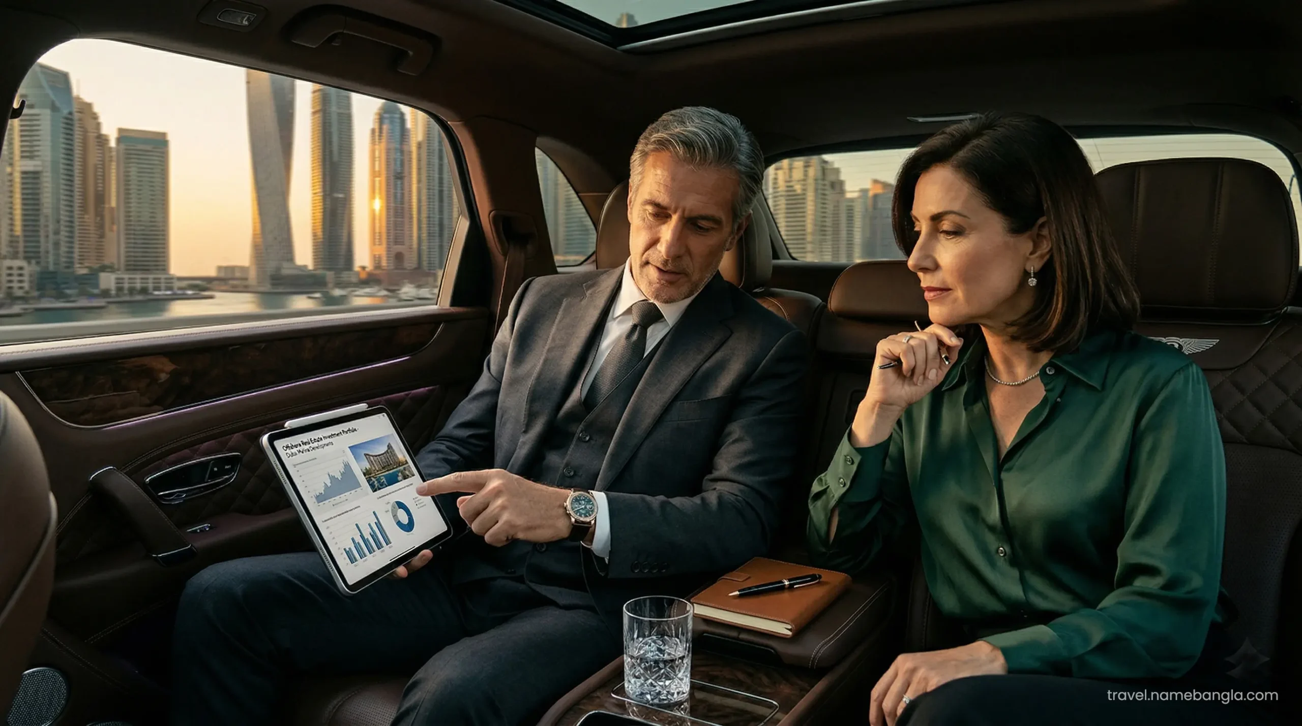 High-net-worth individuals discussing luxury Dubai real estate investments in the back of a premium chauffeur-driven vehicle en route to Palm Jumeirah.