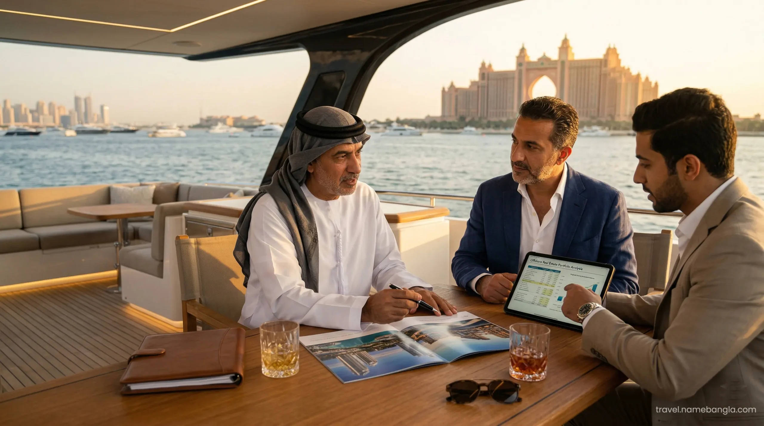 Elite international investors discussing luxury Dubai real estate from a private yacht near Atlantis The Palm.