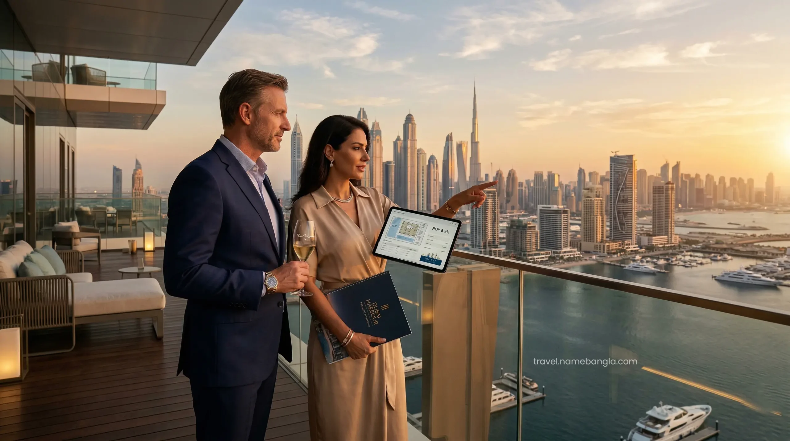 Elite international investors discussing luxury Dubai real estate from the balcony of an ultra-modern suite at Atlantis The Royal.