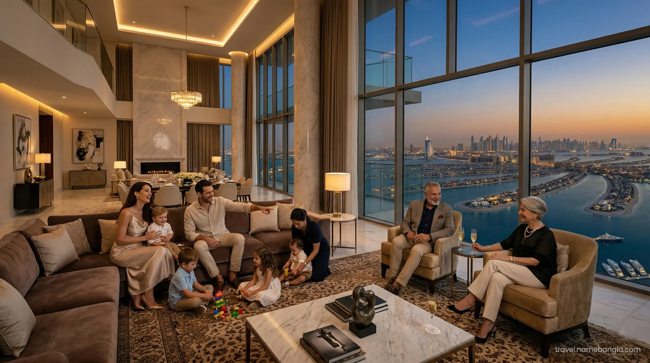 High-net-worth individuals relaxing in a multi-generational VIP family suite, showcasing premium luxury living in Dubai.