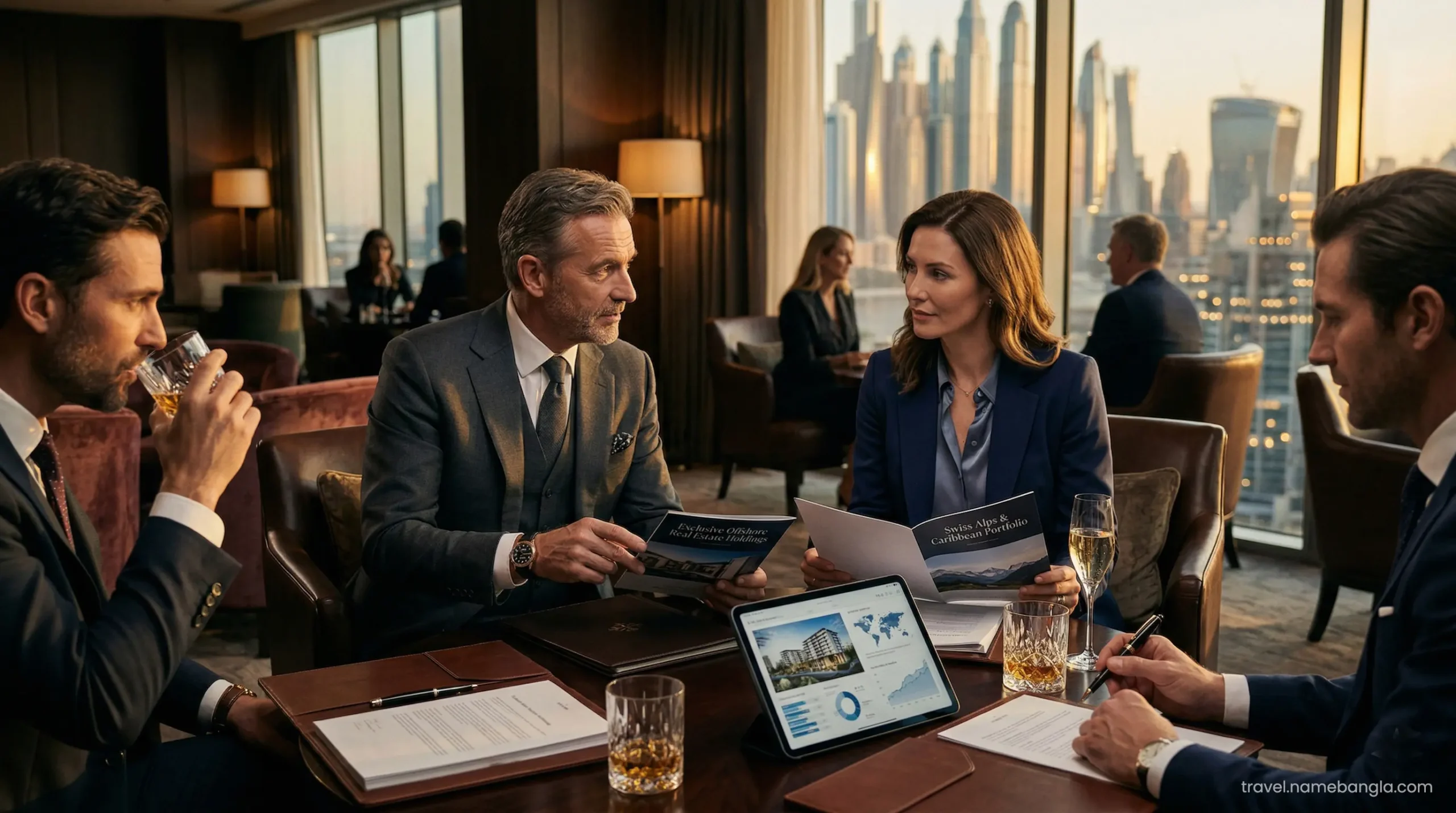 Elite international investors discussing luxury Dubai real estate over evening canapés at a premium resort lounge.