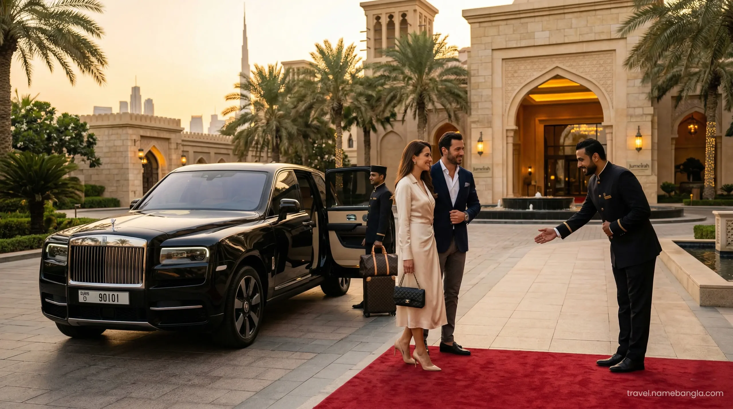 High-net-worth individuals arriving at Atlantis The Palm via a premium private transfer for their VIP daycation.