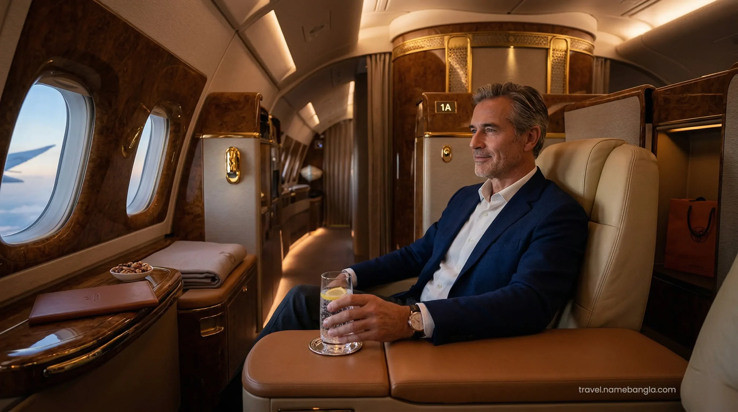 An elite international traveler enjoying a first-class luxury flight package en route to a premium Dubai staycation.