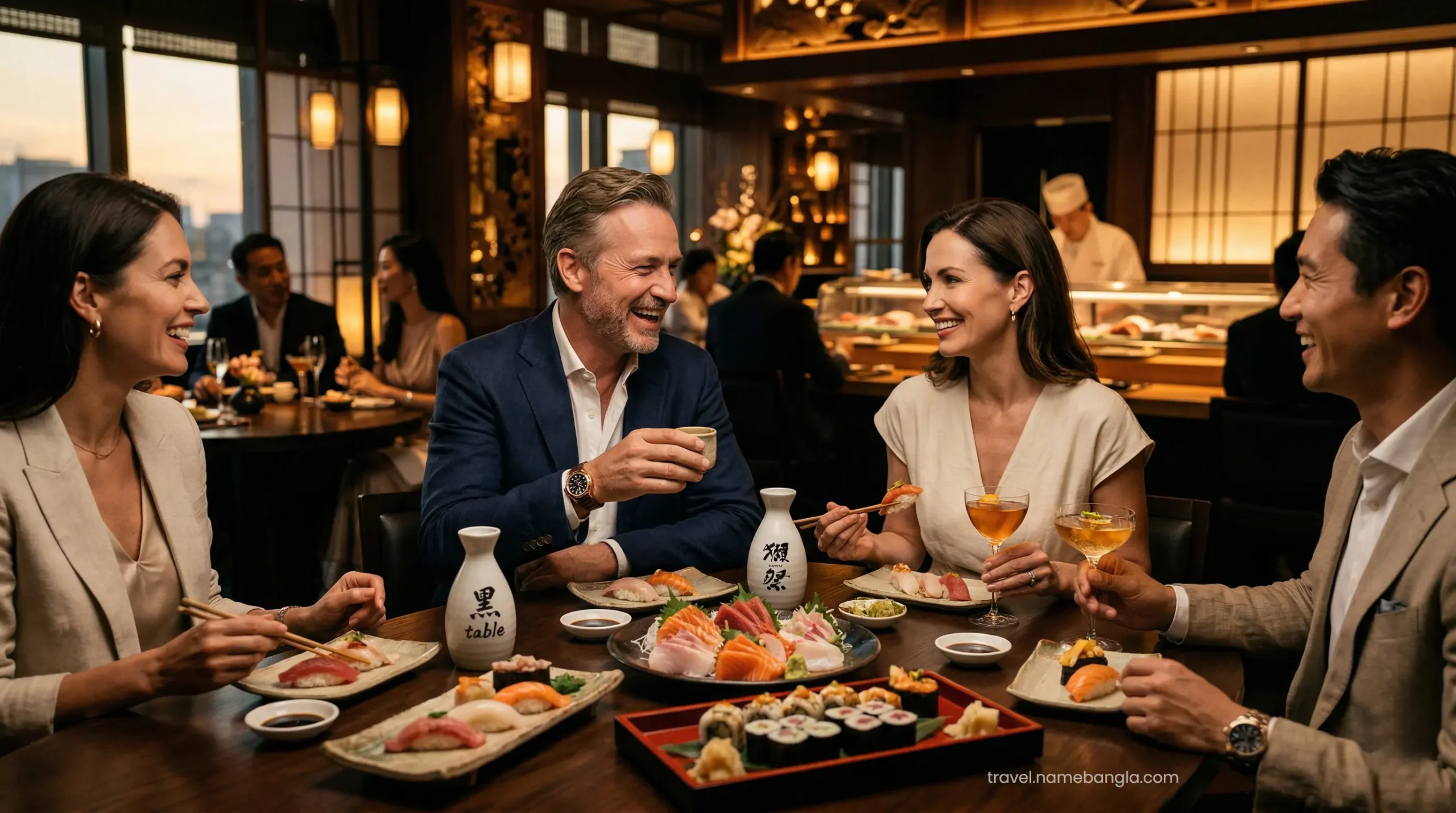 Elite international investors discussing offshore financial portfolios during a premium dinner at Nobu, Atlantis Dubai.