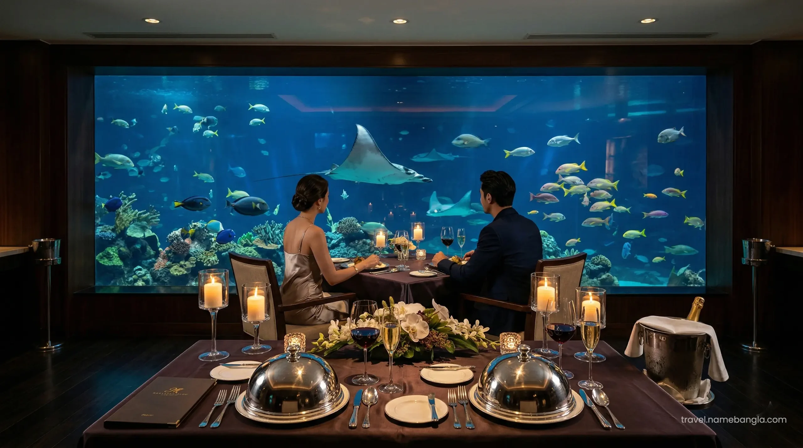 An exclusive luxury private dining experience at Ossiano underwater restaurant inside Atlantis The Palm Dubai.