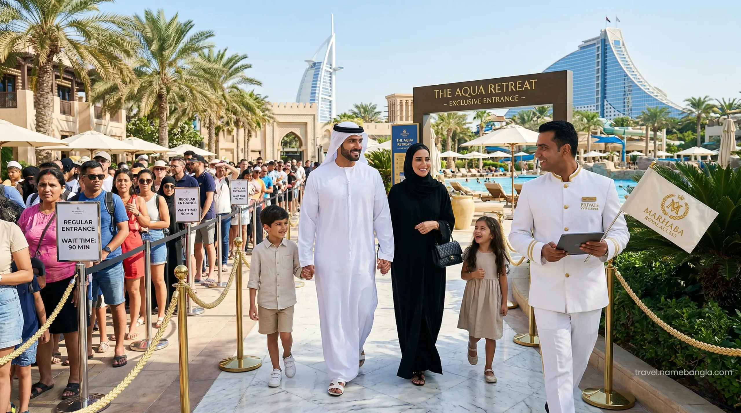 A distinguished Gulf family bypassing the lines using exclusive GCC resident VIP fast-track access at Atlantis Dubai.