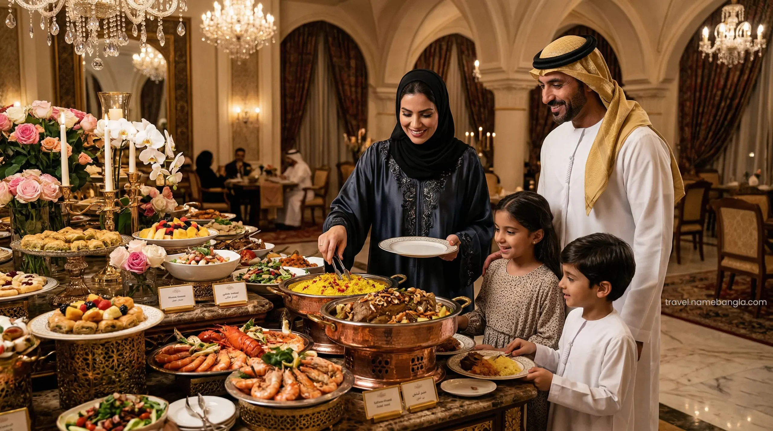A distinguished Gulf family enjoying an exclusive Halal luxury buffet dinner as part of their half-board package.