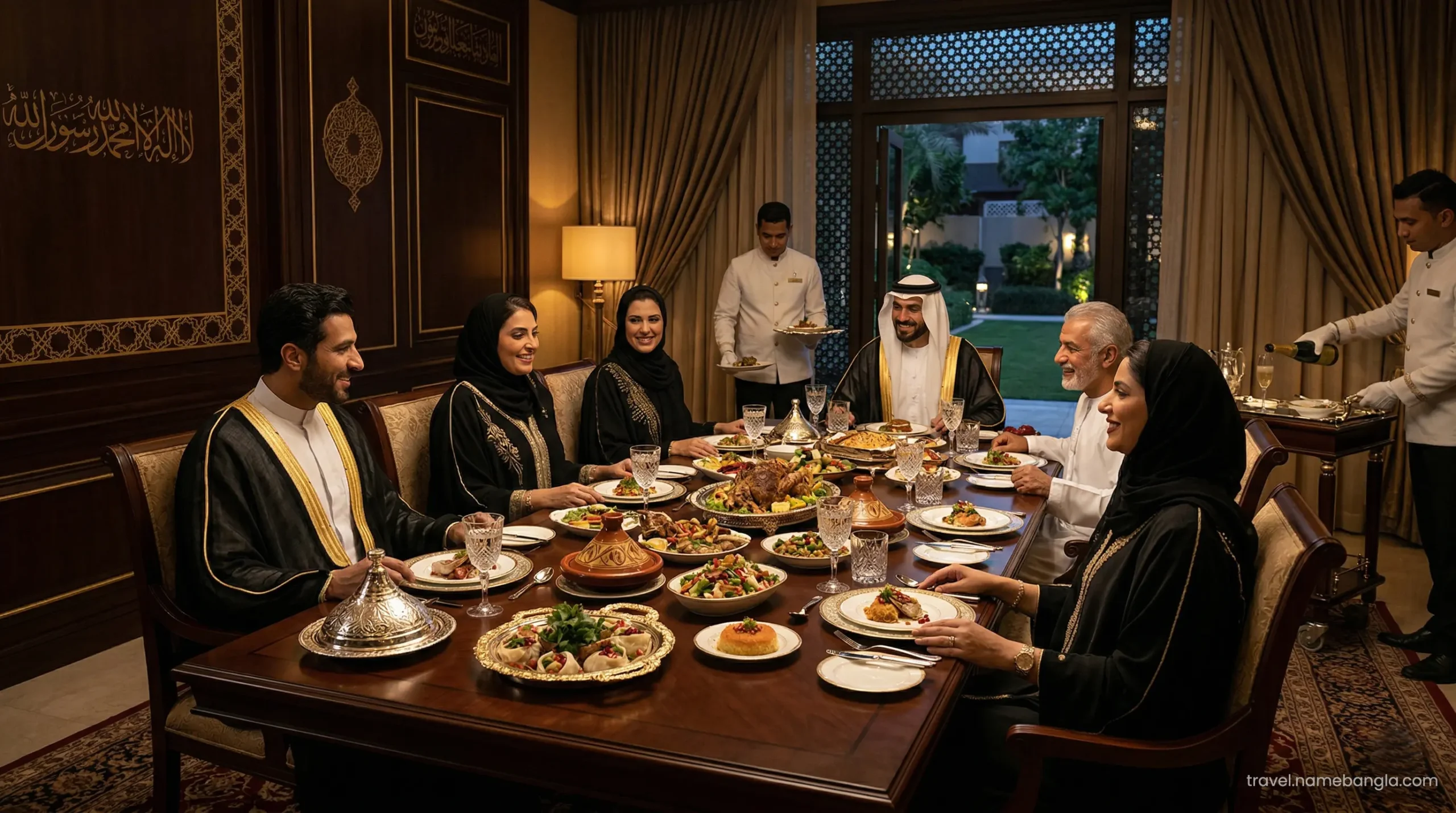 A distinguished Gulf family enjoying an exclusive Halal luxury feast at a premium Dubai resort restaurant.