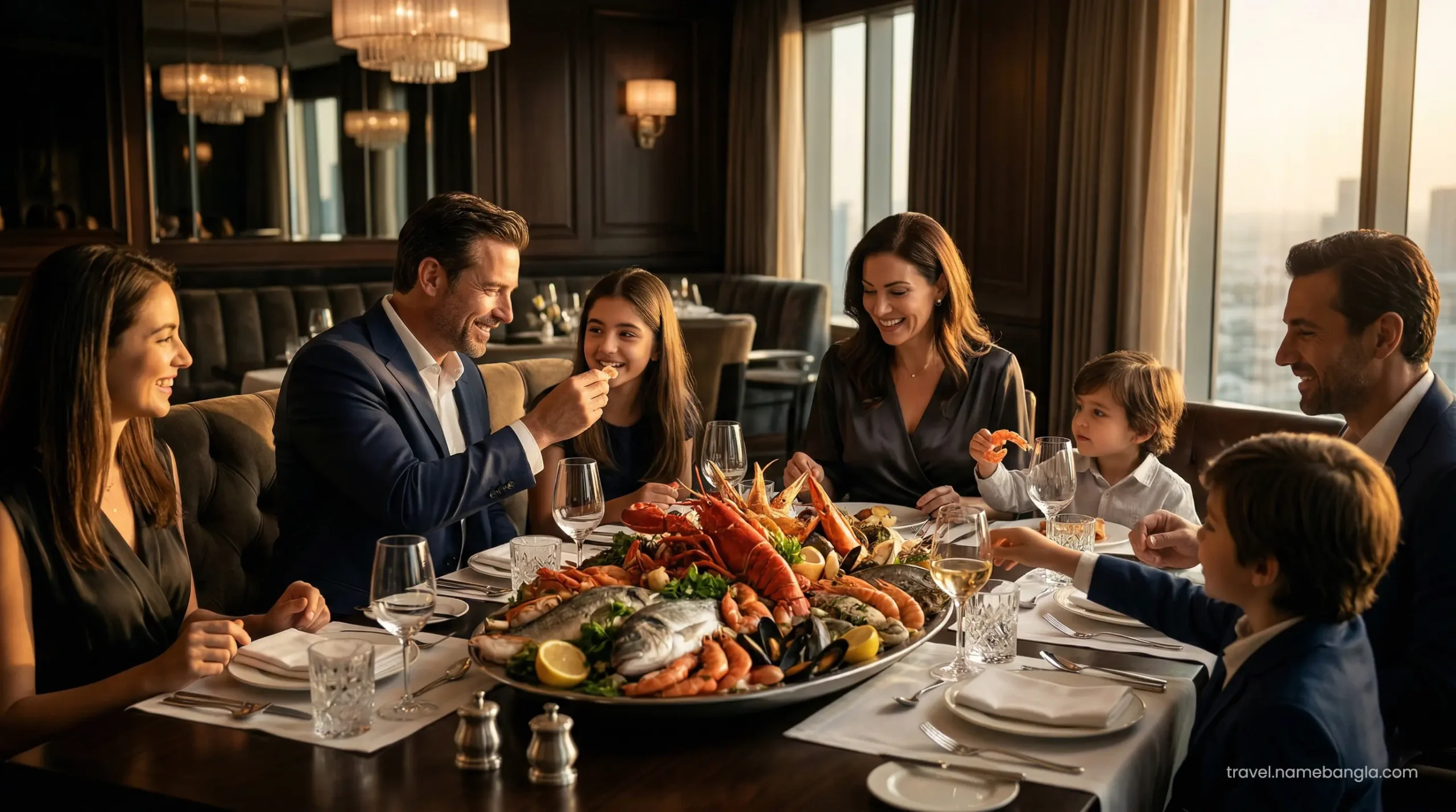 Elite international investors and families discussing offshore financial portfolios during a premium Halal dinner at Atlantis Dubai.